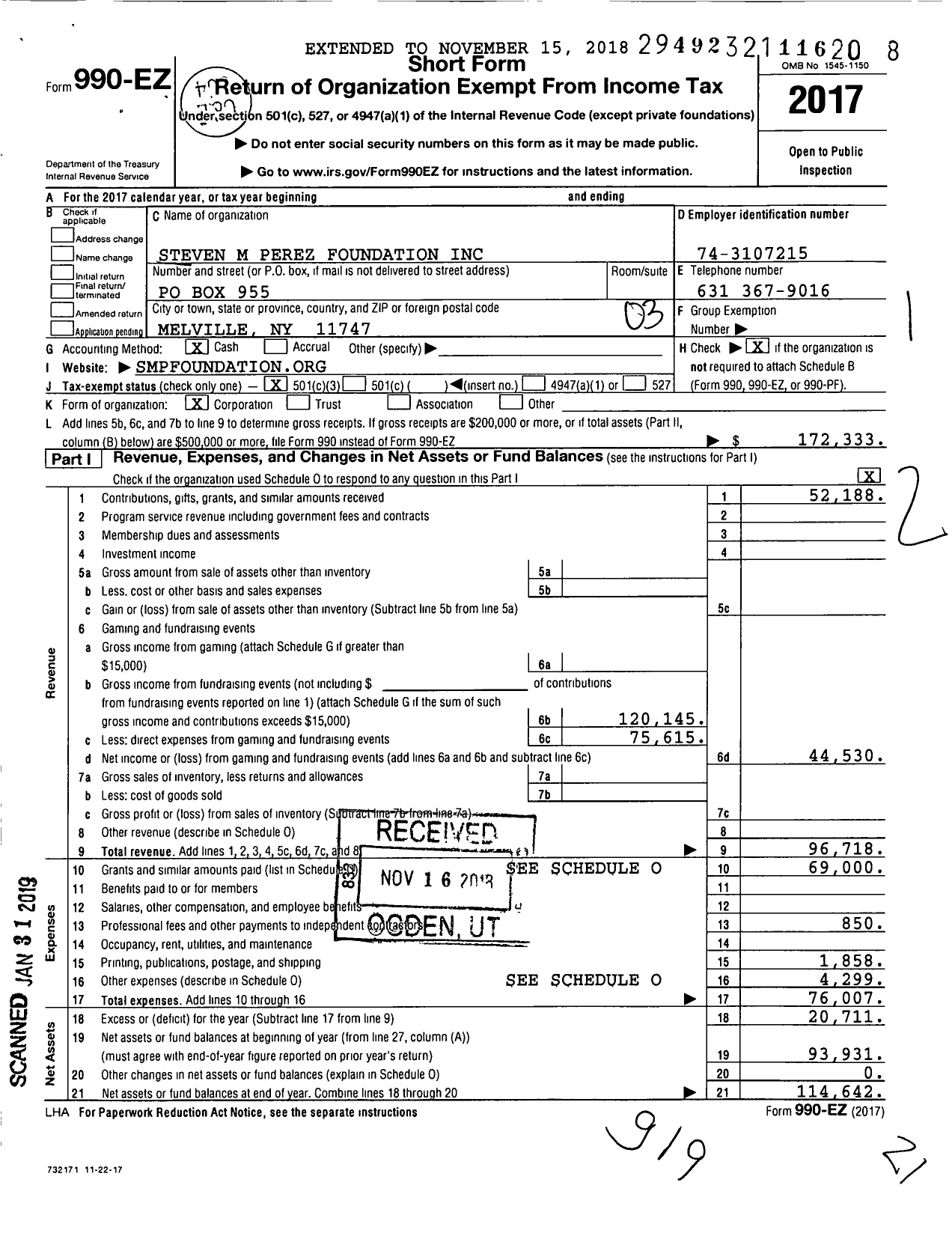 Image of first page of 2017 Form 990EZ for Steven M Perez Foundation