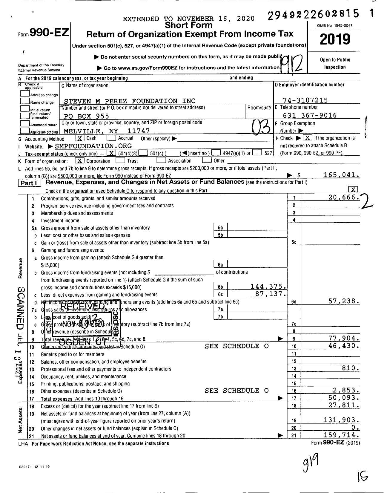 Image of first page of 2019 Form 990EZ for Steven M Perez Foundation