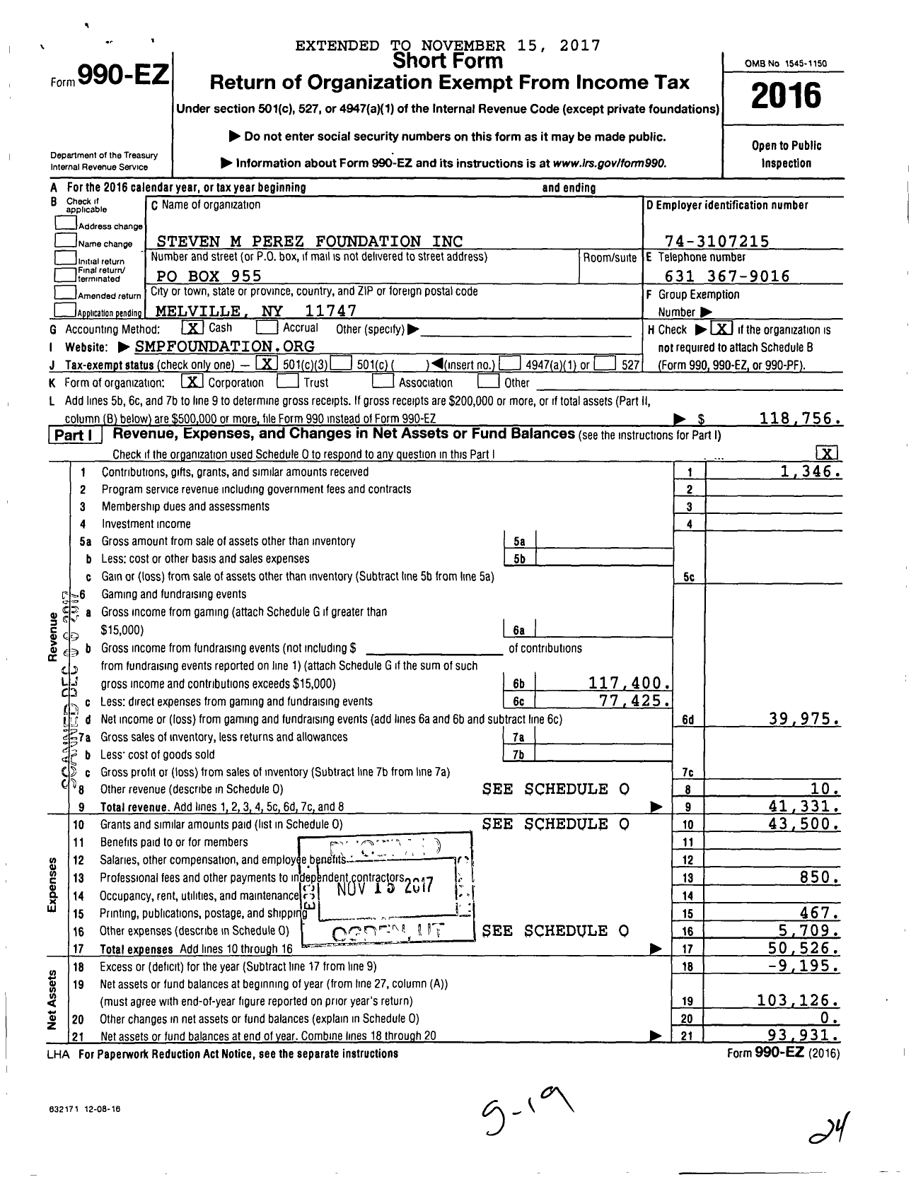 Image of first page of 2016 Form 990EZ for Steven M Perez Foundation