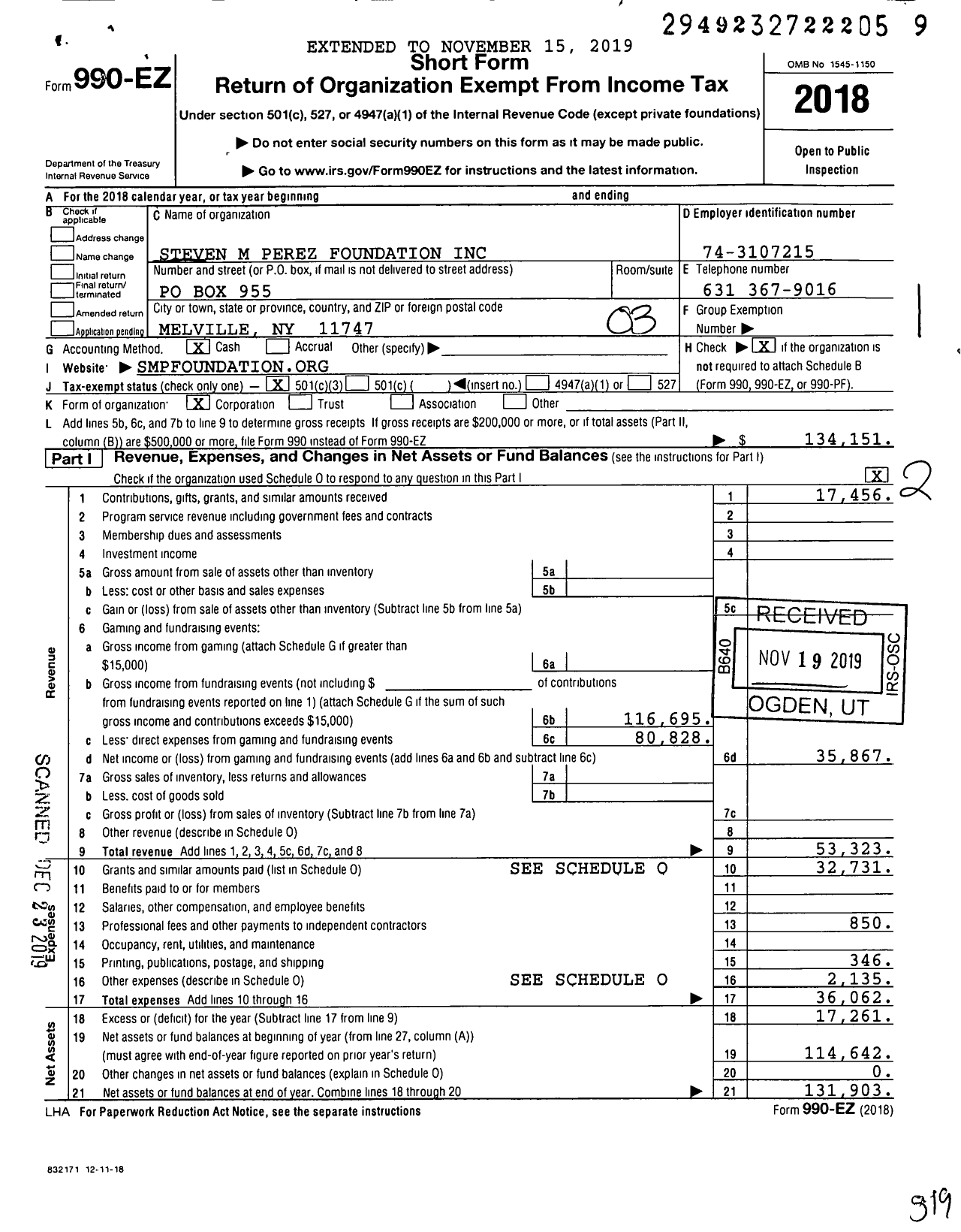 Image of first page of 2018 Form 990EZ for Steven M Perez Foundation