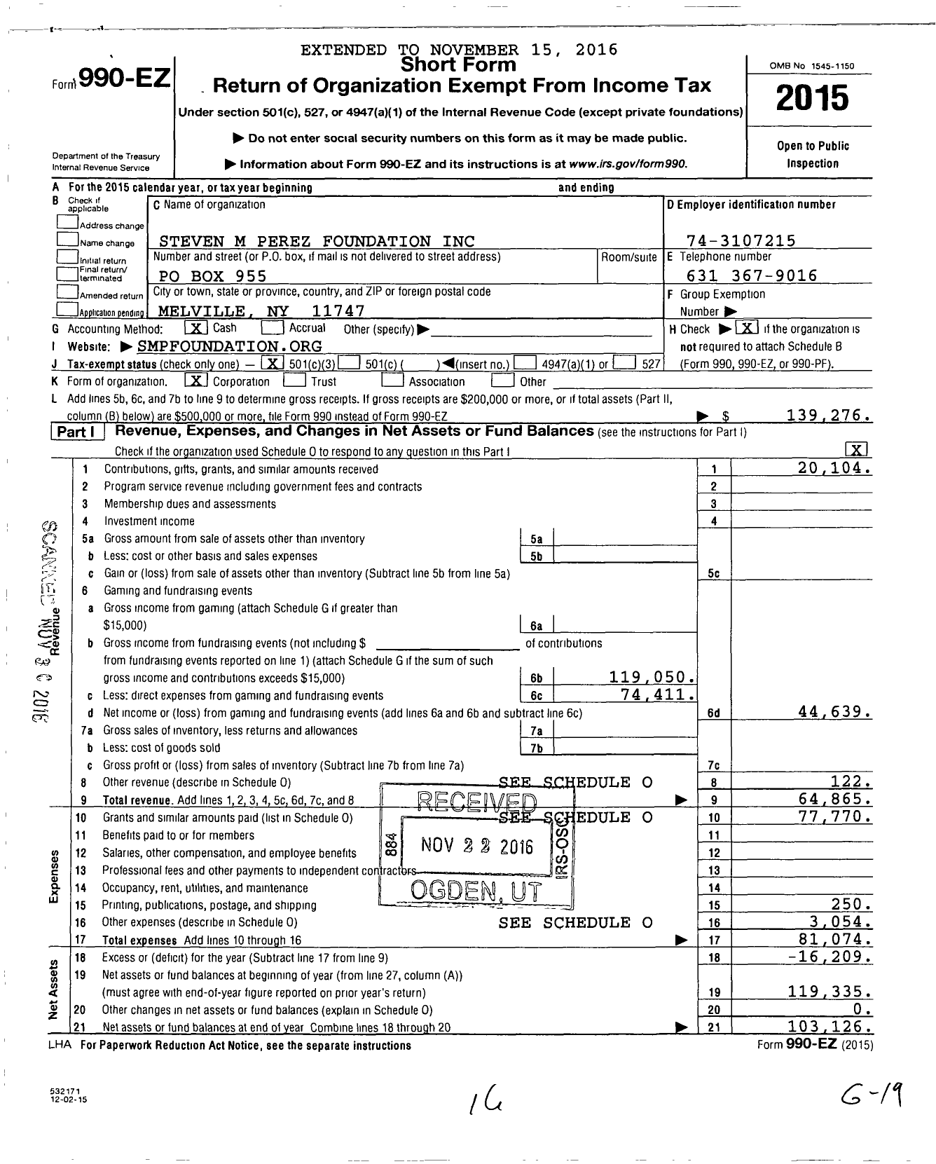 Image of first page of 2015 Form 990EZ for Steven M Perez Foundation