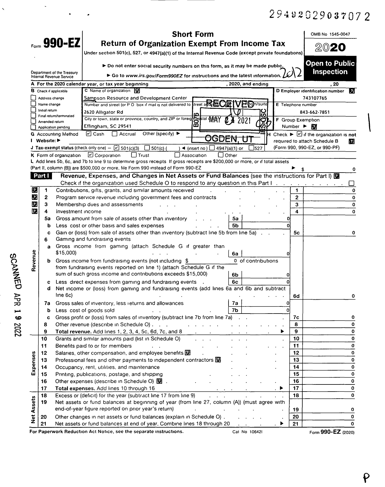 Image of first page of 2020 Form 990EZ for Sampson Resource and Development Center