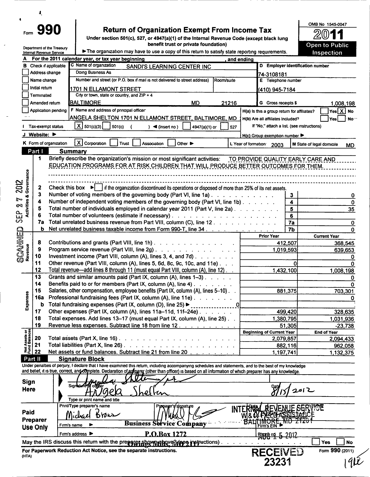 Image of first page of 2011 Form 990 for Sandis Learning Center