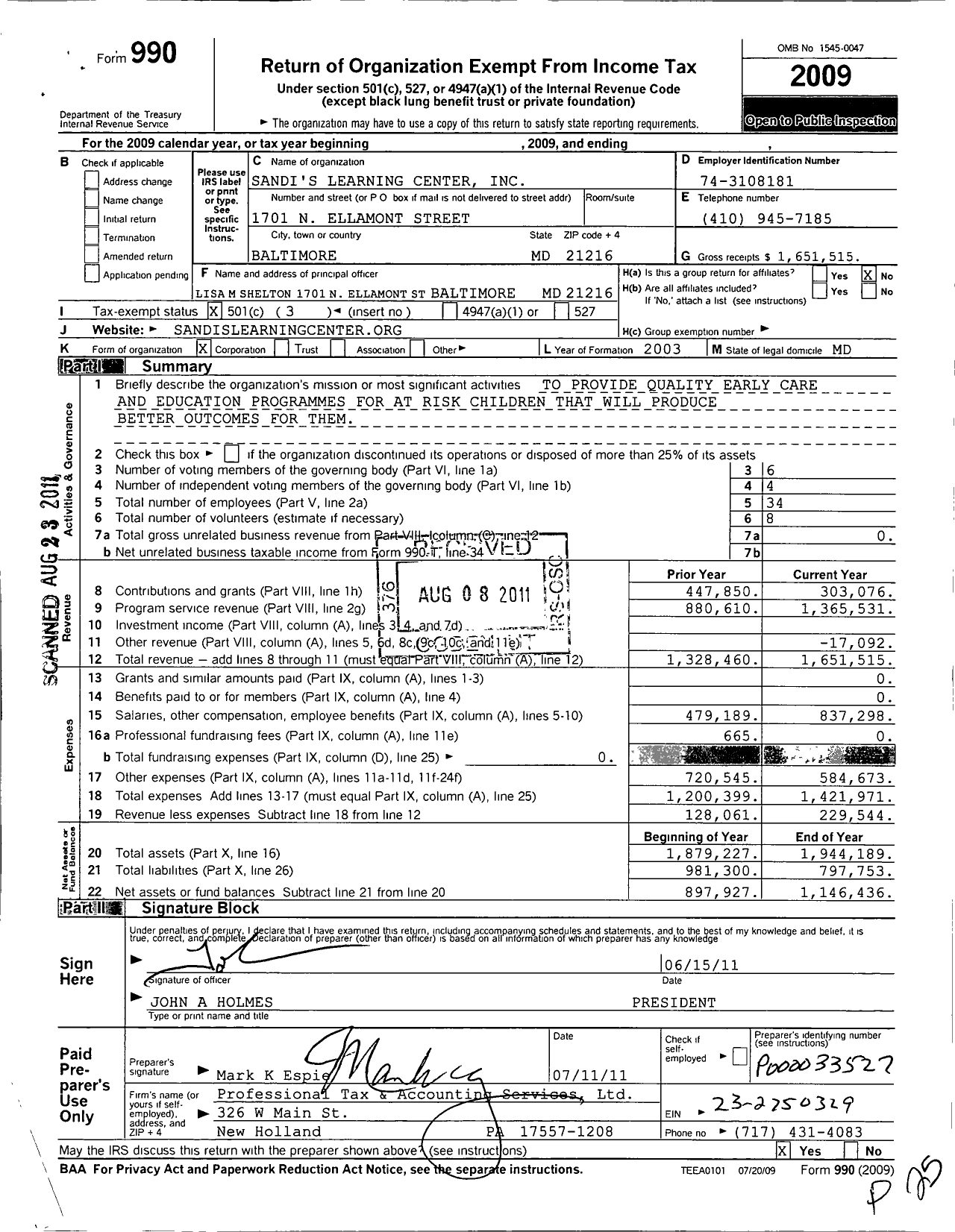 Image of first page of 2009 Form 990 for Sandis Learning Center