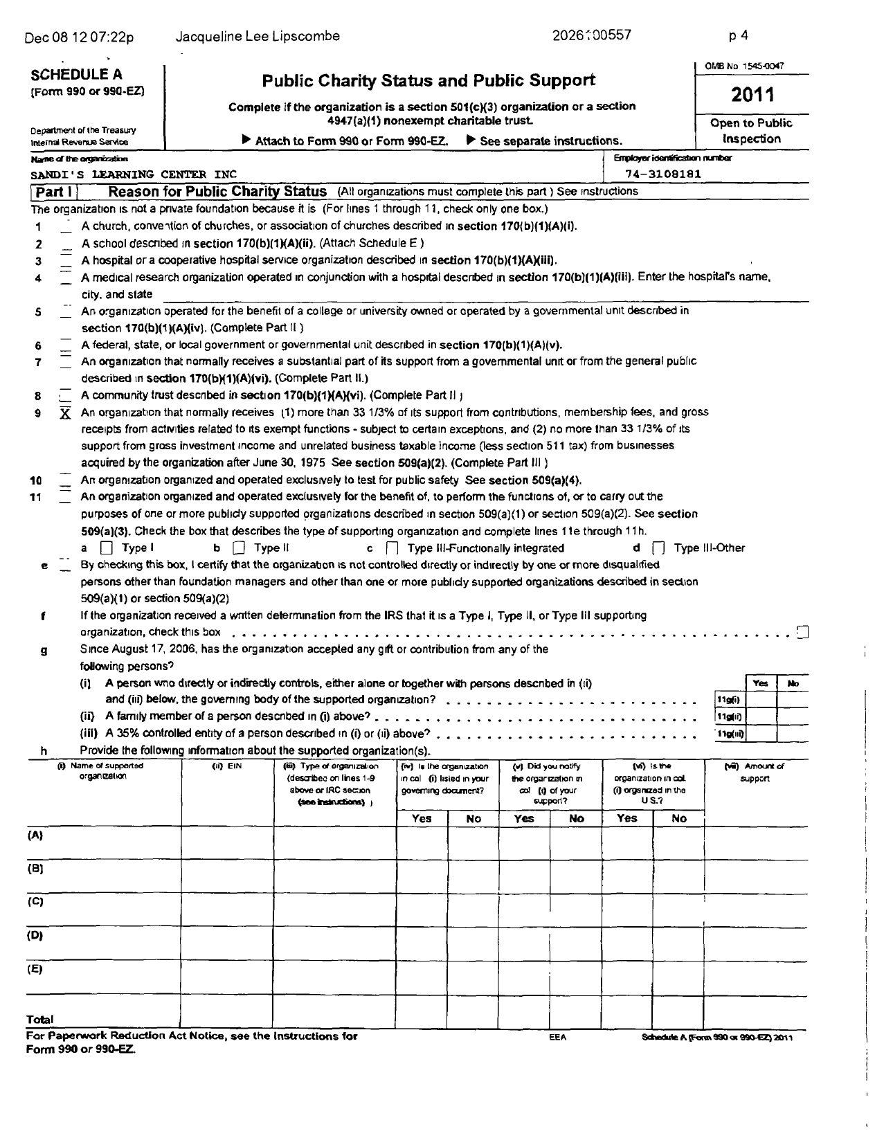 Image of first page of 2011 Form 990R for Sandis Learning Center