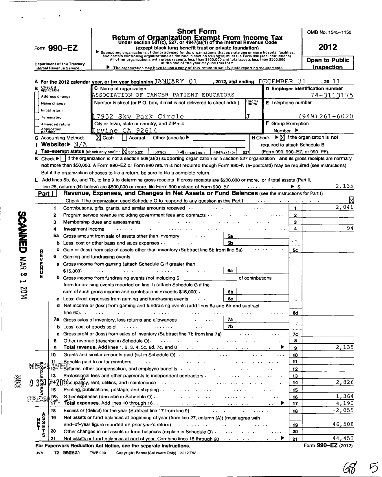 Image of first page of 2011 Form 990EZ for Association of Cancer Patient Educators