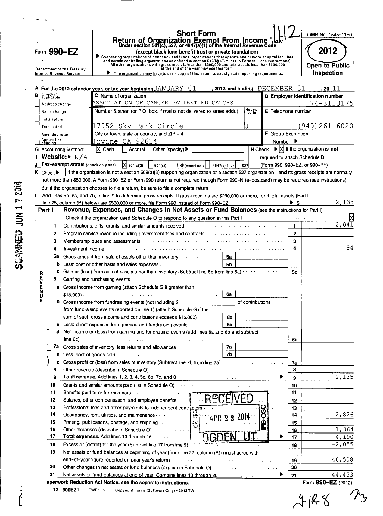 Image of first page of 2011 Form 990EZ for Association of Cancer Patient Educators