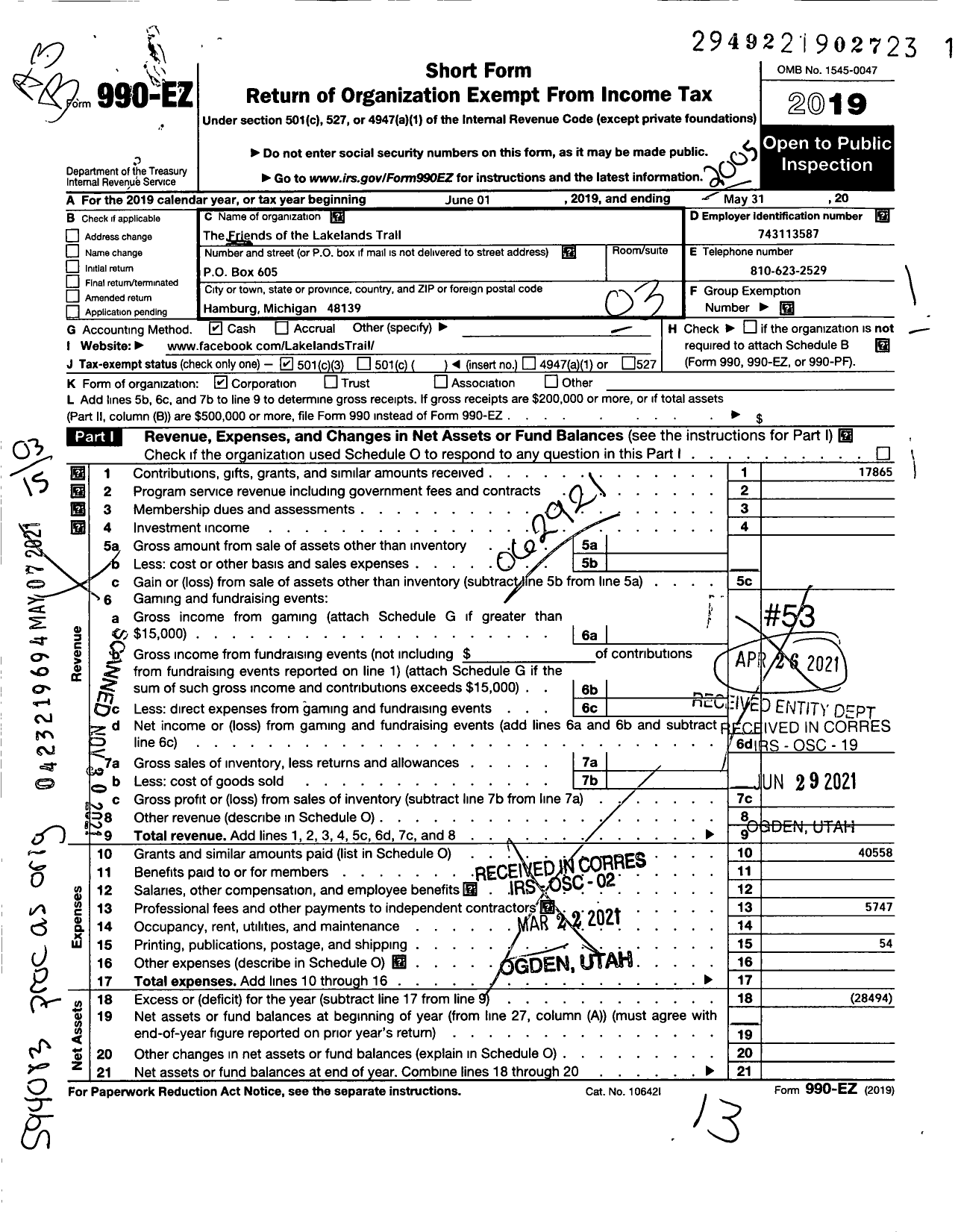 Image of first page of 2019 Form 990EZ for Friends of the Lakelands Trail