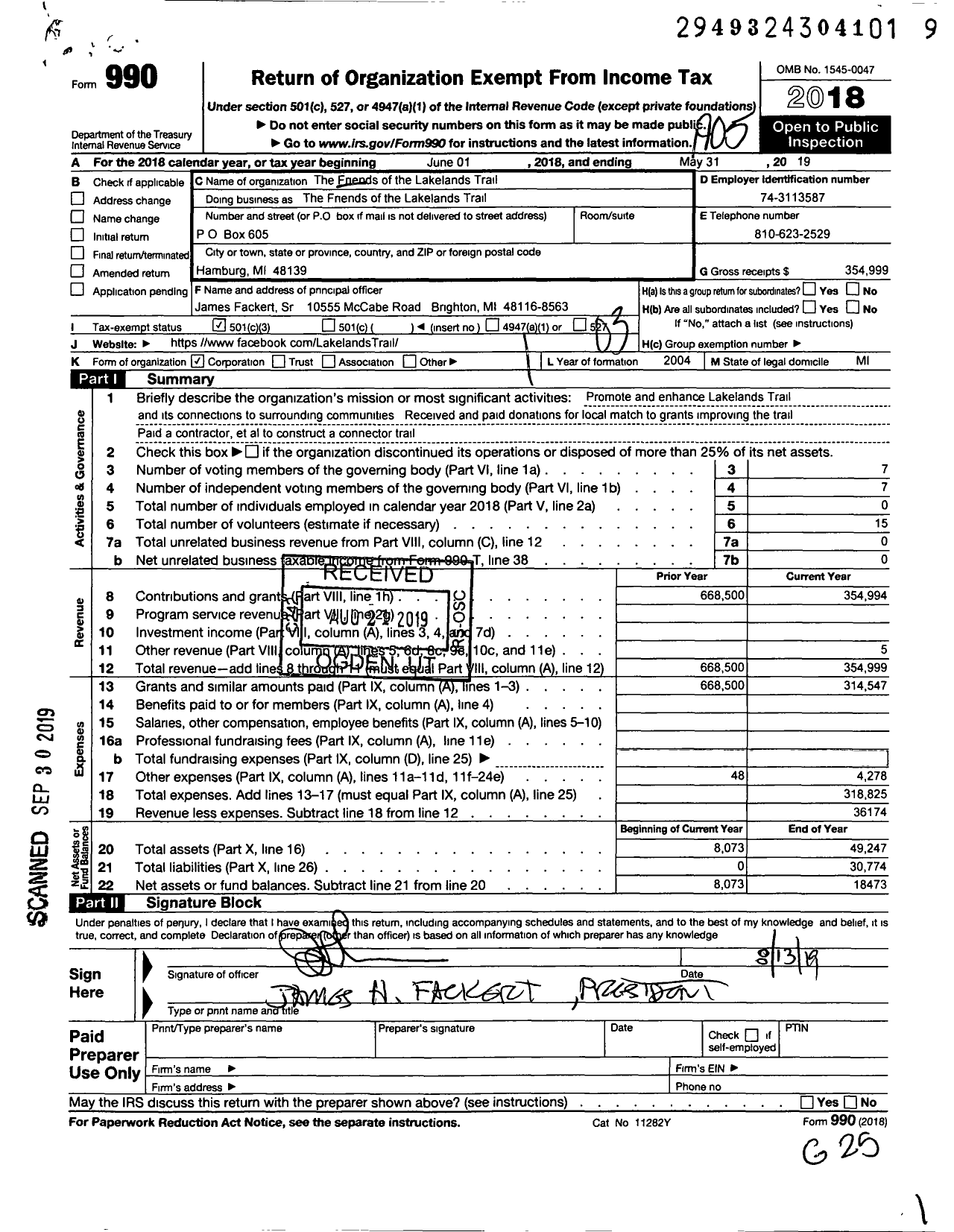 Image of first page of 2018 Form 990 for Friends of the Lakelands Trail