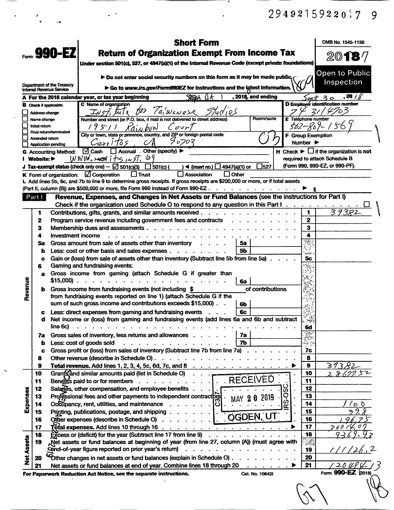 Image of first page of 2017 Form 990EZ for Institute for Taiwanese Studies