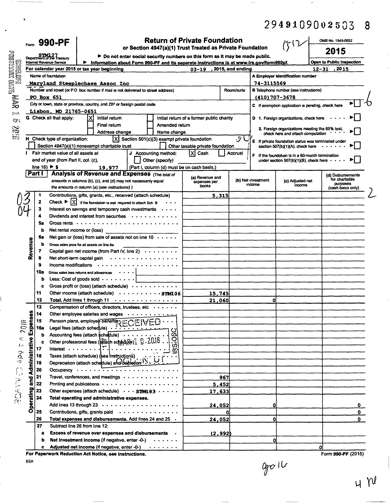 Image of first page of 2015 Form 990PF for Maryland Steeplechase Association