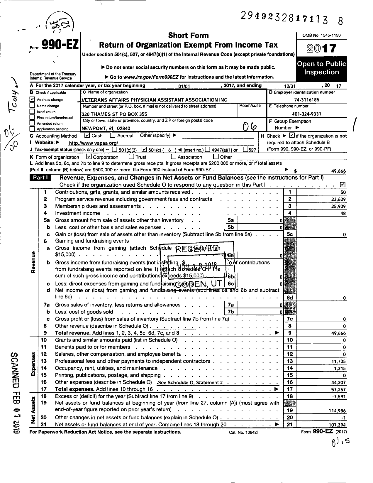 Image of first page of 2017 Form 990EO for Veterans Affairs Physician Assistant Association