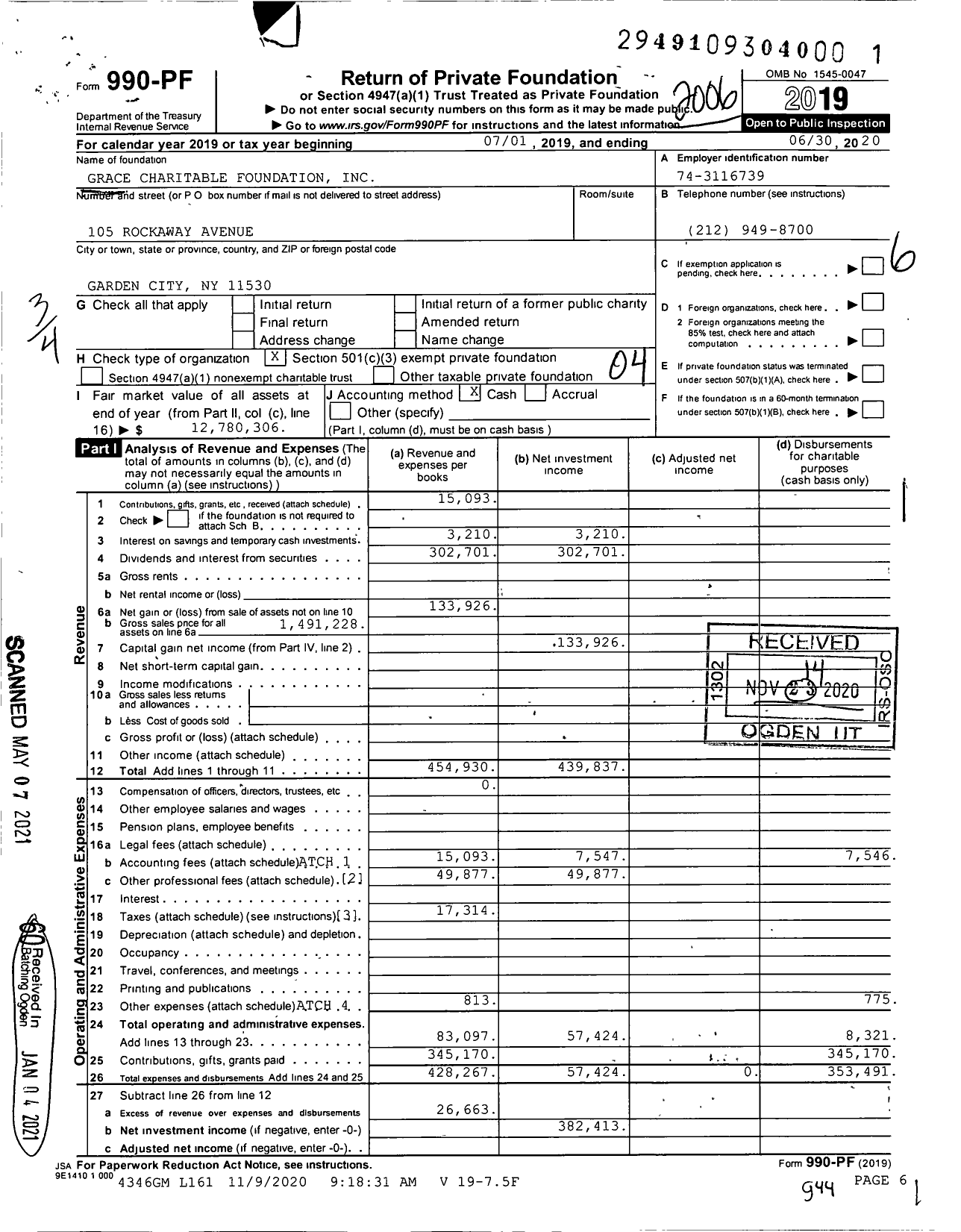 Image of first page of 2019 Form 990PF for Grace Charitable Foundation