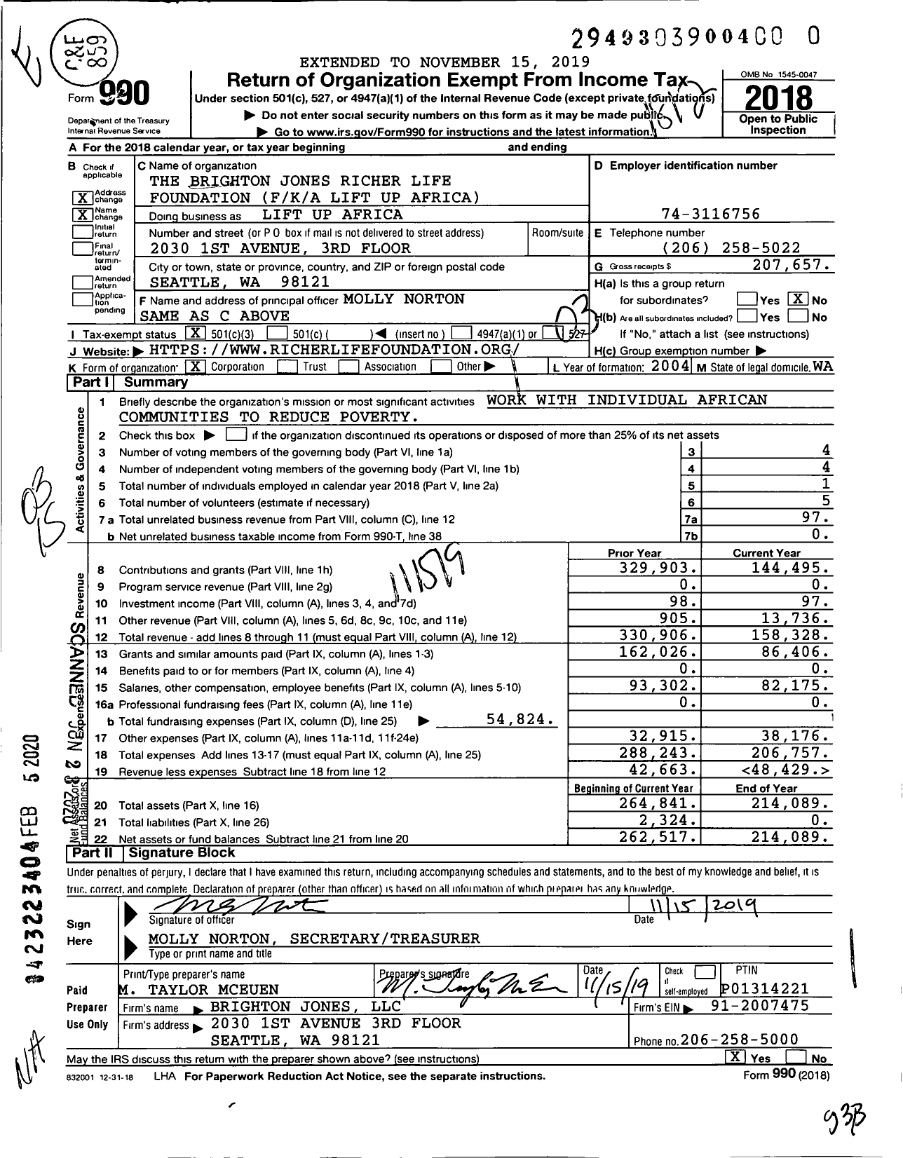 Image of first page of 2018 Form 990 for The Brighton Jones Richer Life Foundation