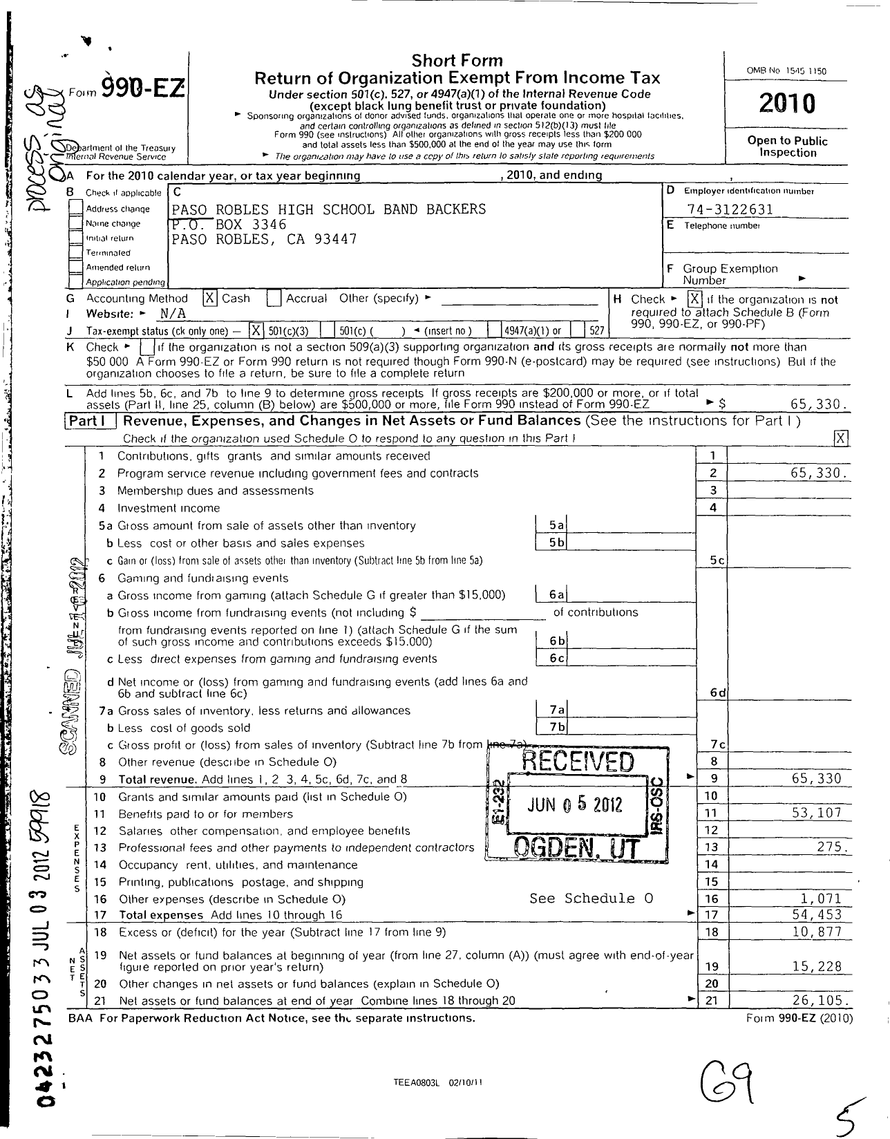 Image of first page of 2010 Form 990EZ for Paso Robles High School Band Backers