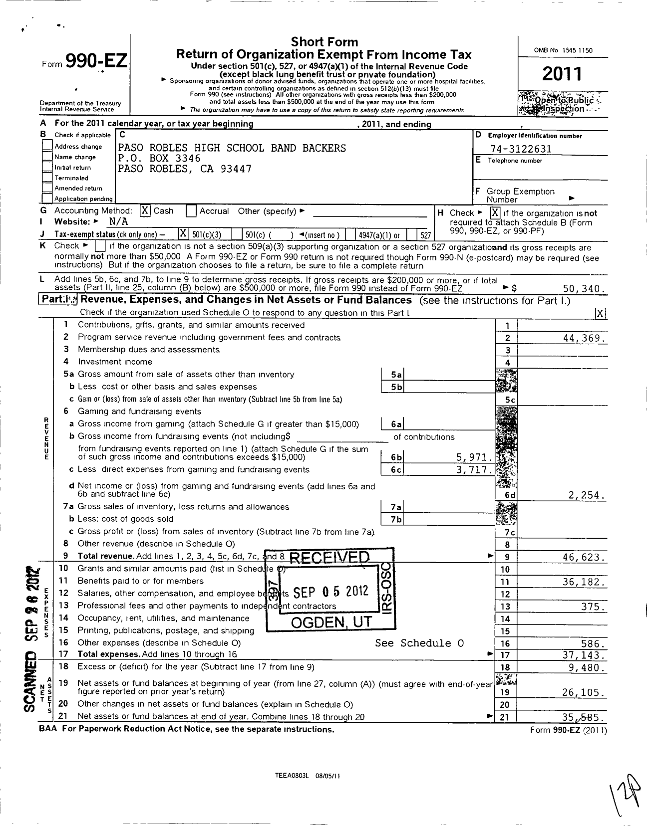 Image of first page of 2011 Form 990EZ for Paso Robles High School Band Backers