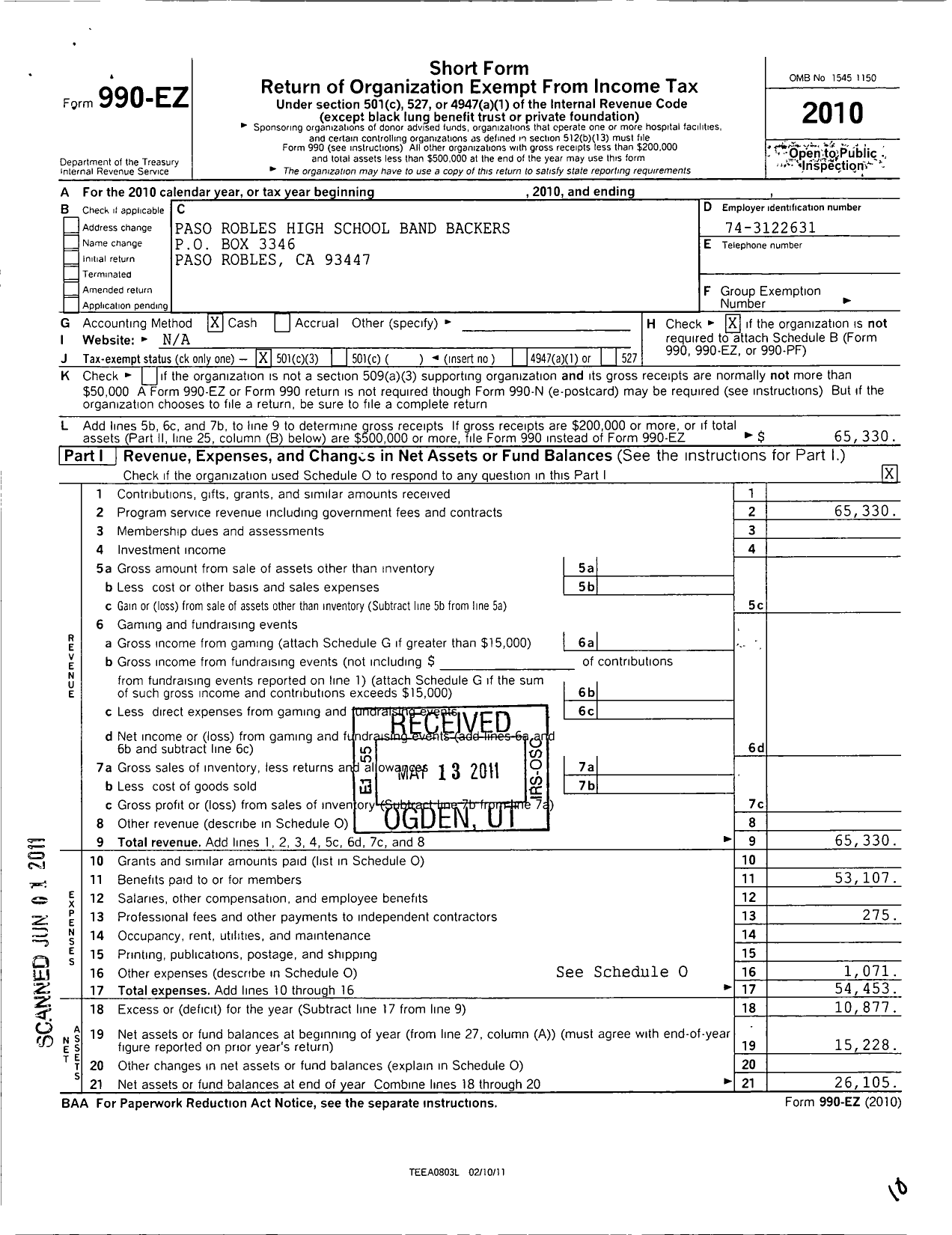 Image of first page of 2010 Form 990EZ for Paso Robles High School Band Backers