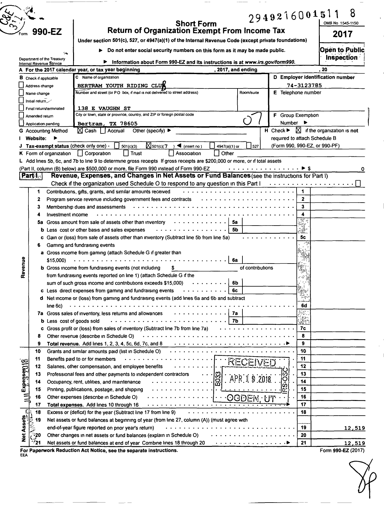 Image of first page of 2017 Form 990EO for Bertram Youth Riding Club