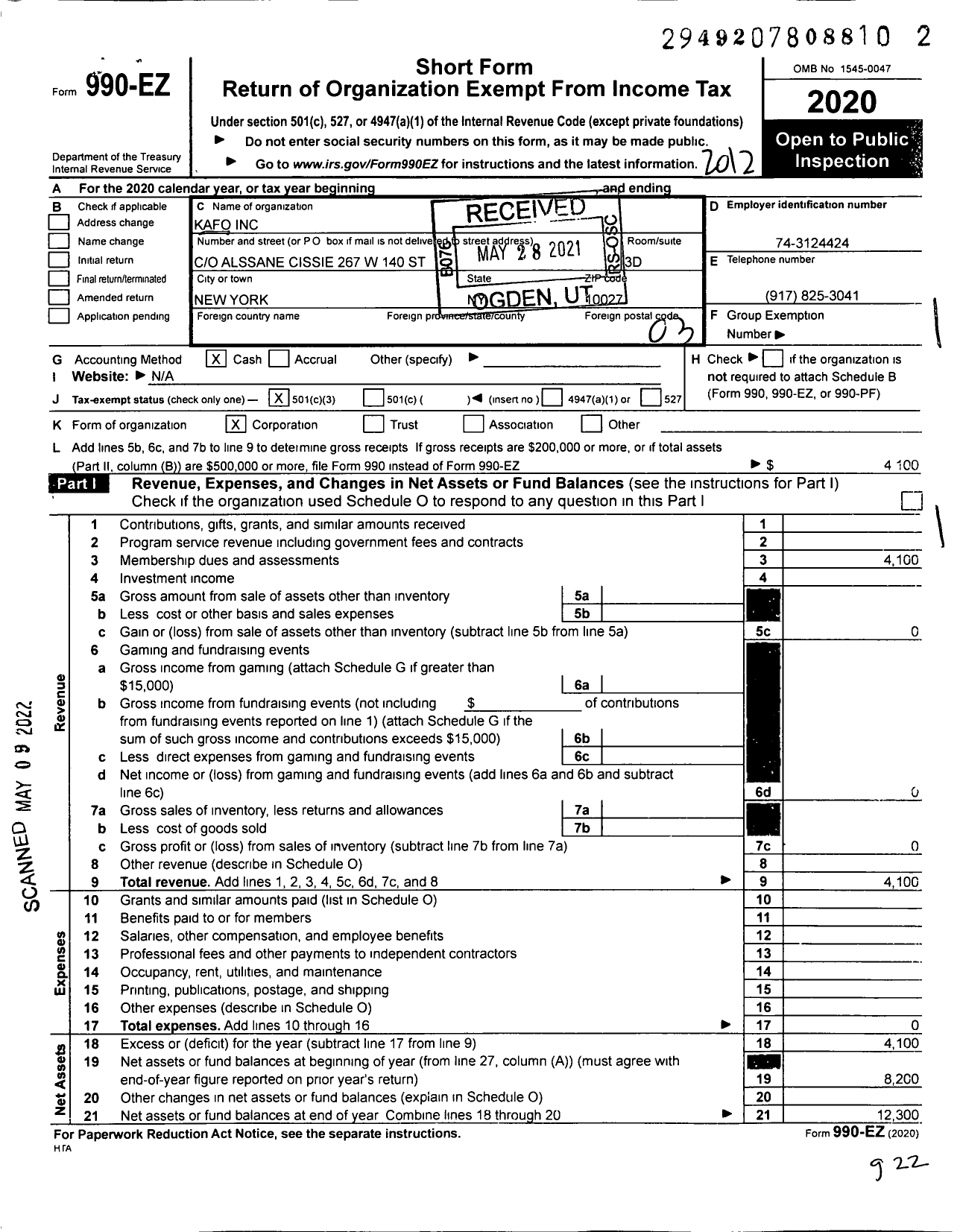 Image of first page of 2020 Form 990EZ for Kafo