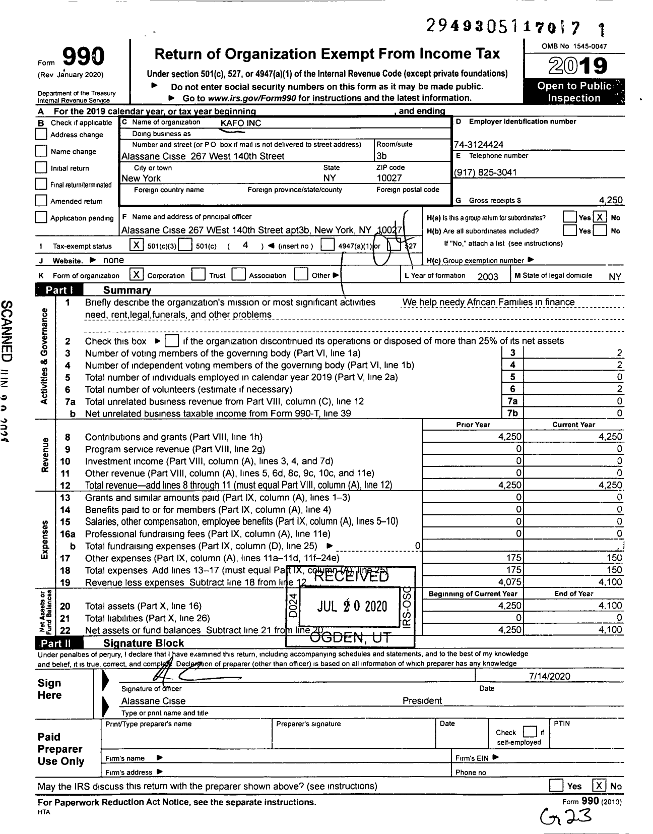 Image of first page of 2019 Form 990O for Kafo