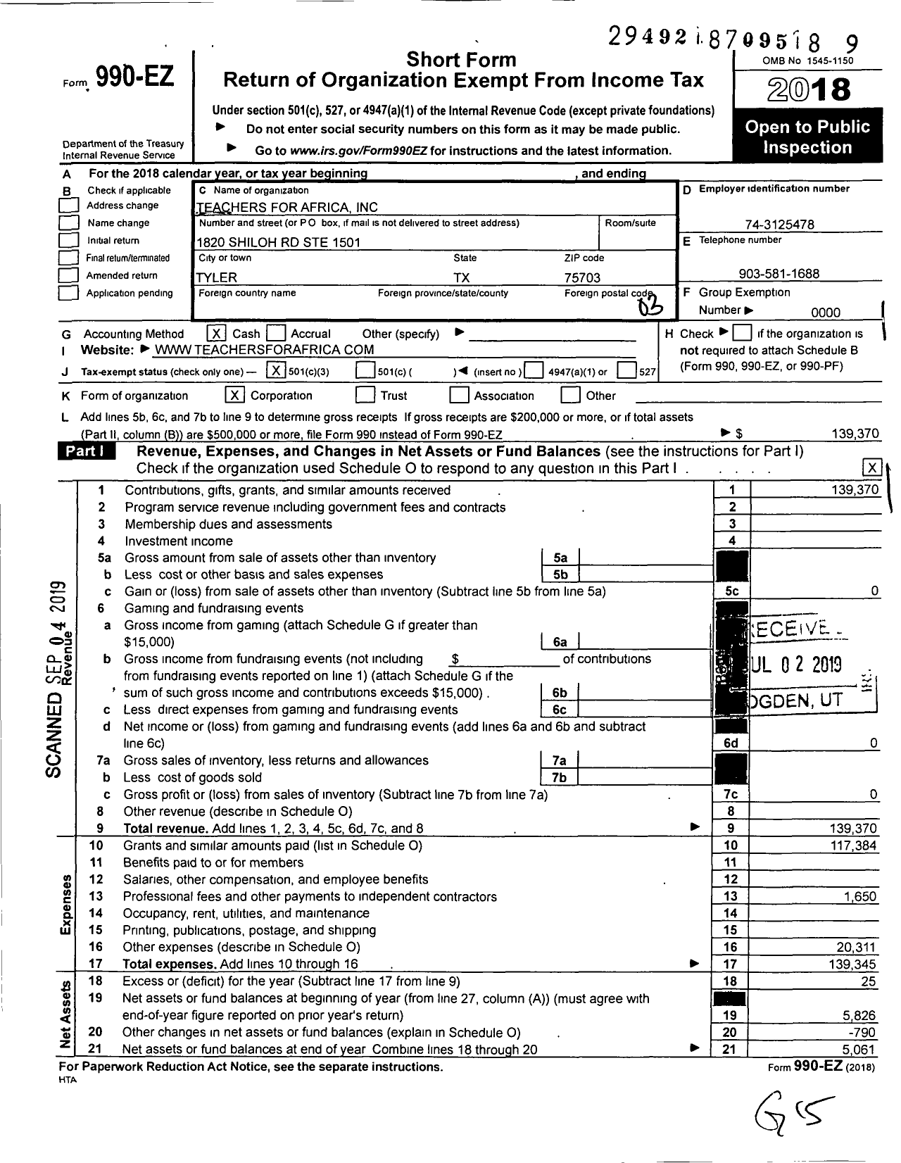 Image of first page of 2018 Form 990EZ for Teachers for Africa