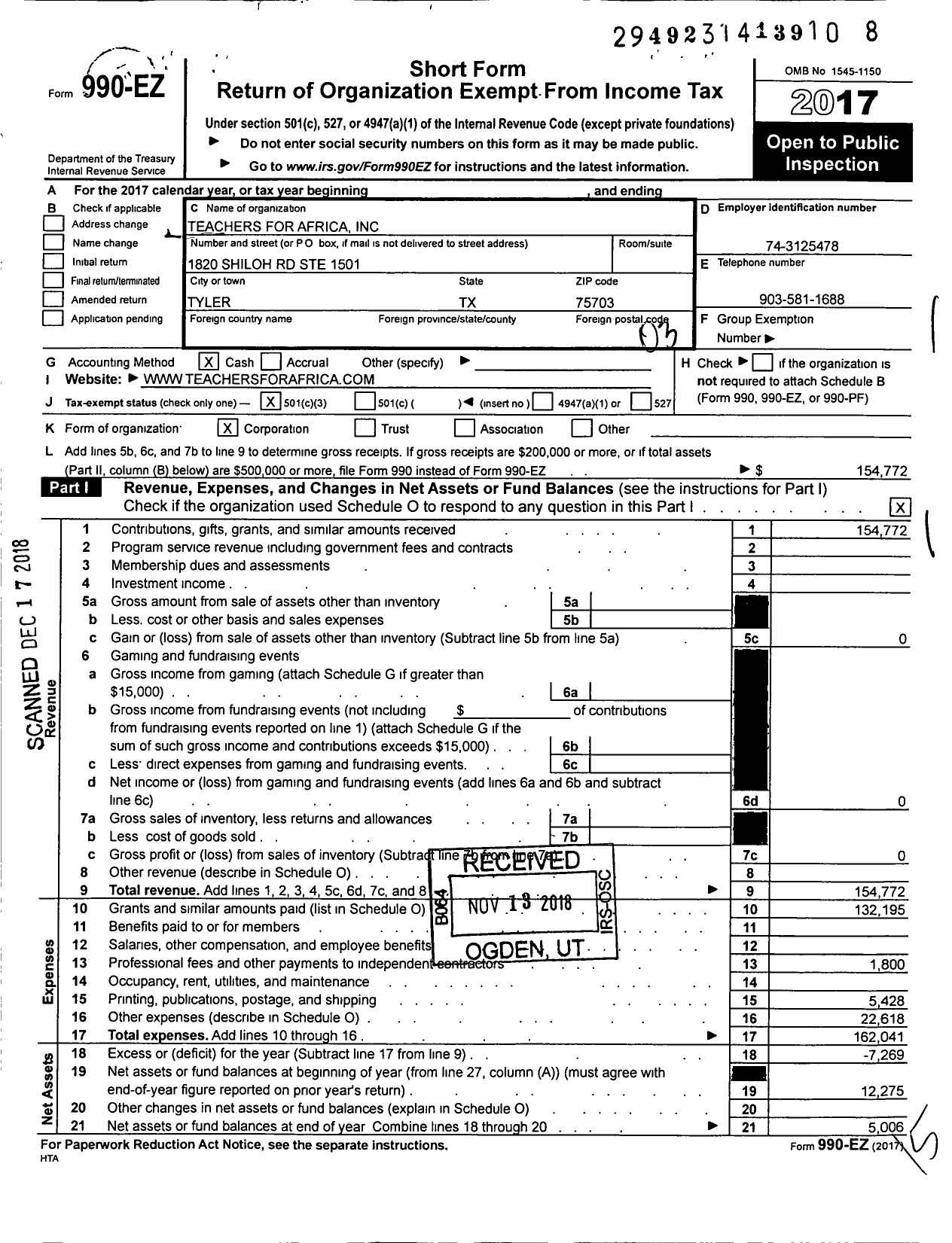 Image of first page of 2017 Form 990EZ for Teachers for Africa