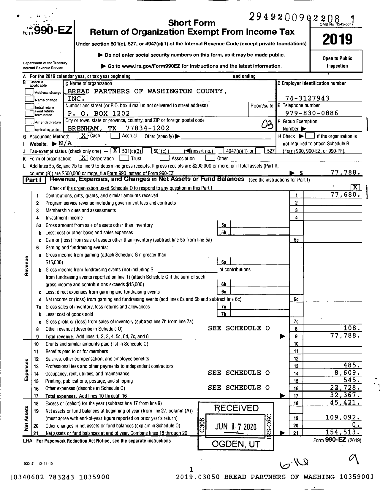 Image of first page of 2019 Form 990EZ for Bread Partners of Washington County