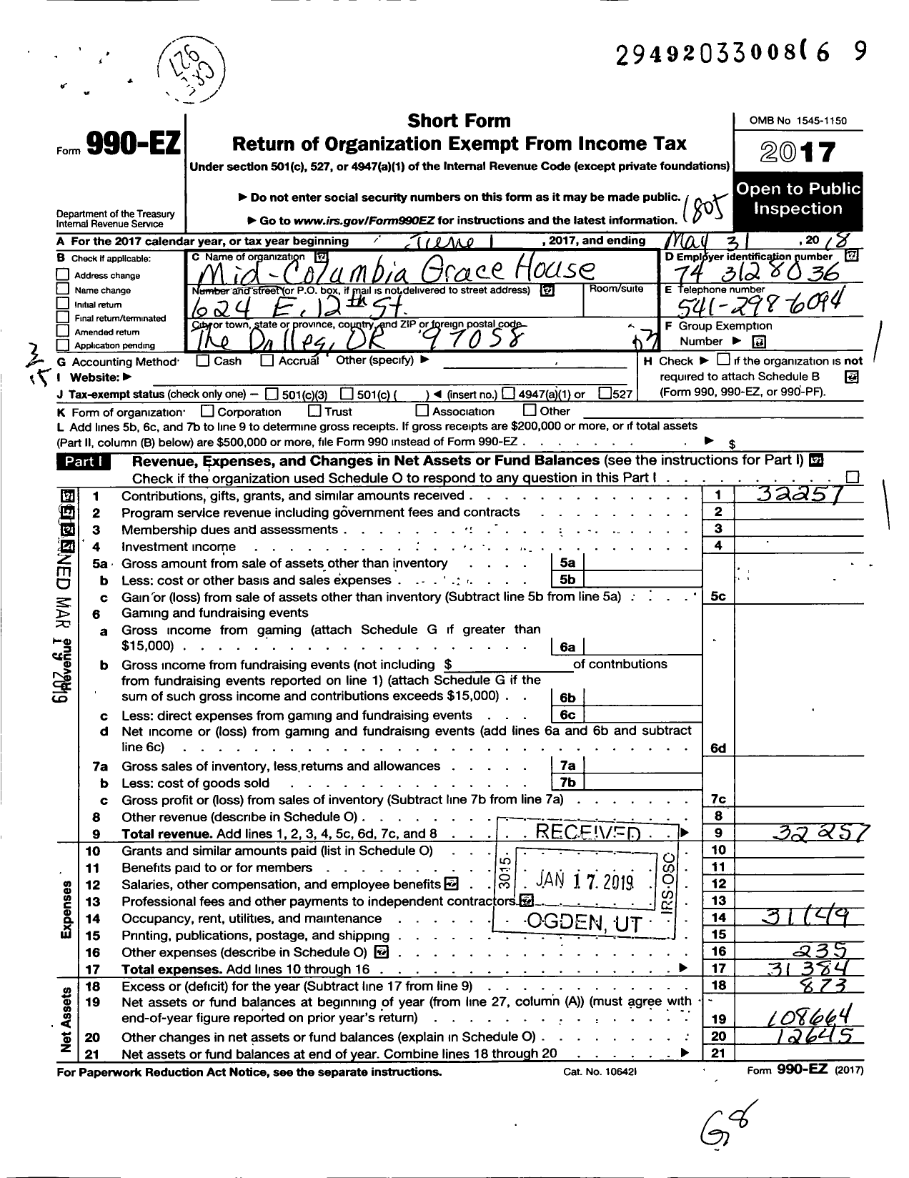 Image of first page of 2017 Form 990EZ for Mid-Columbia Grace House