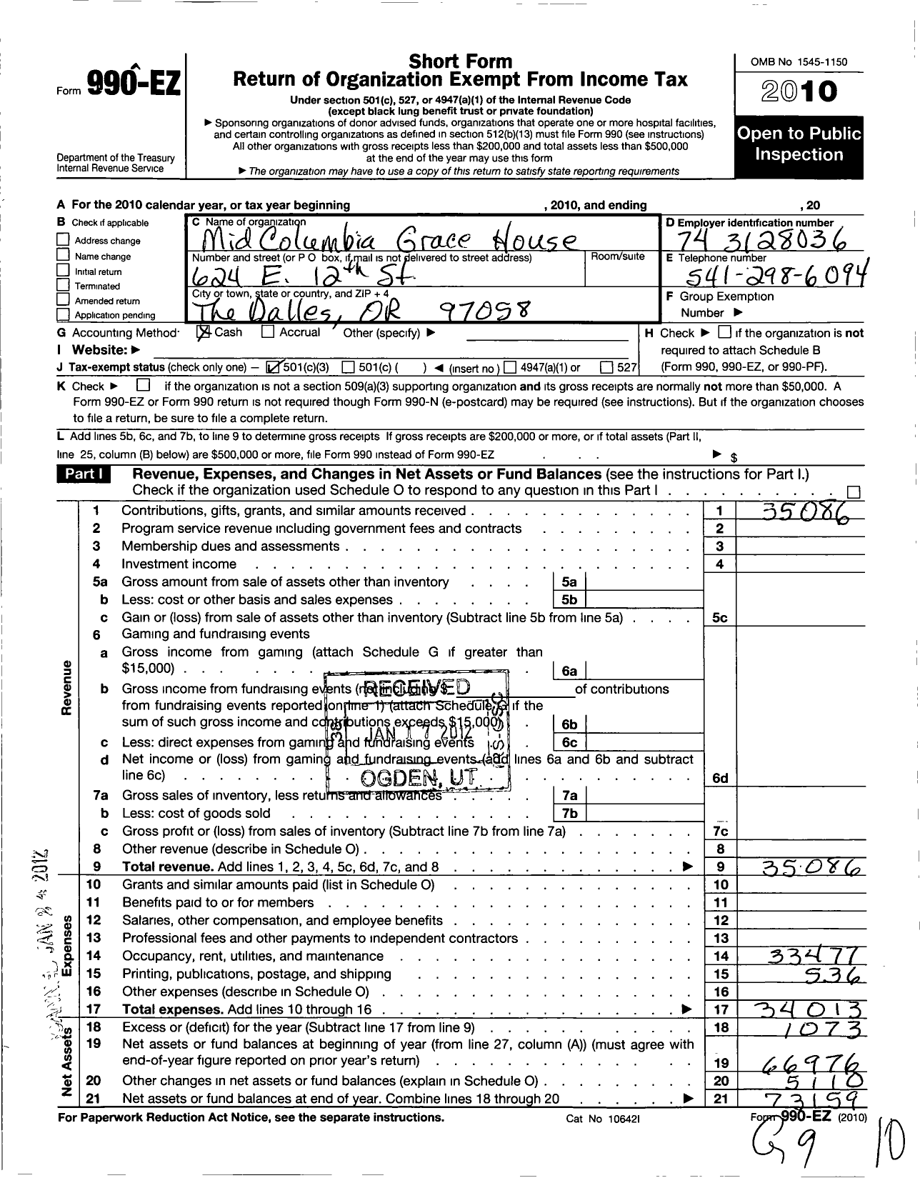 Image of first page of 2010 Form 990EZ for Mid-Columbia Grace House