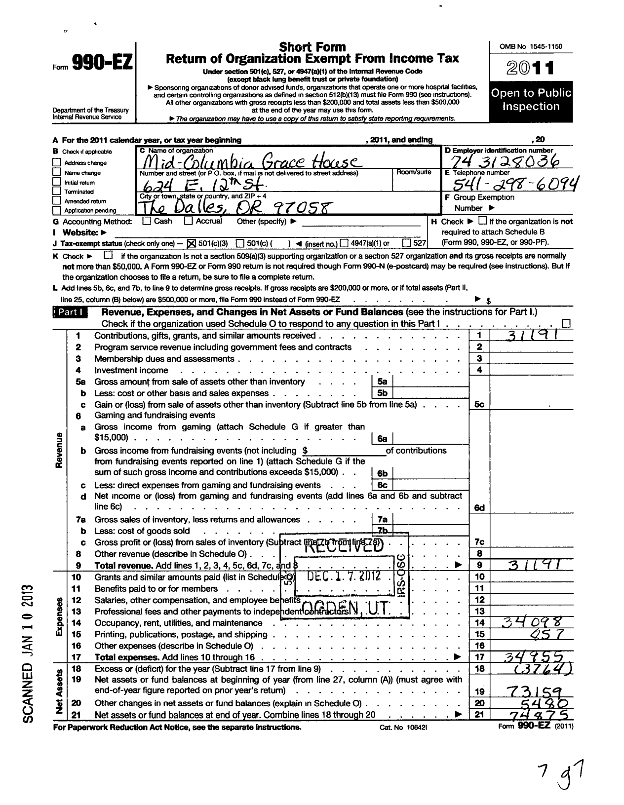 Image of first page of 2011 Form 990EZ for Mid-Columbia Grace House