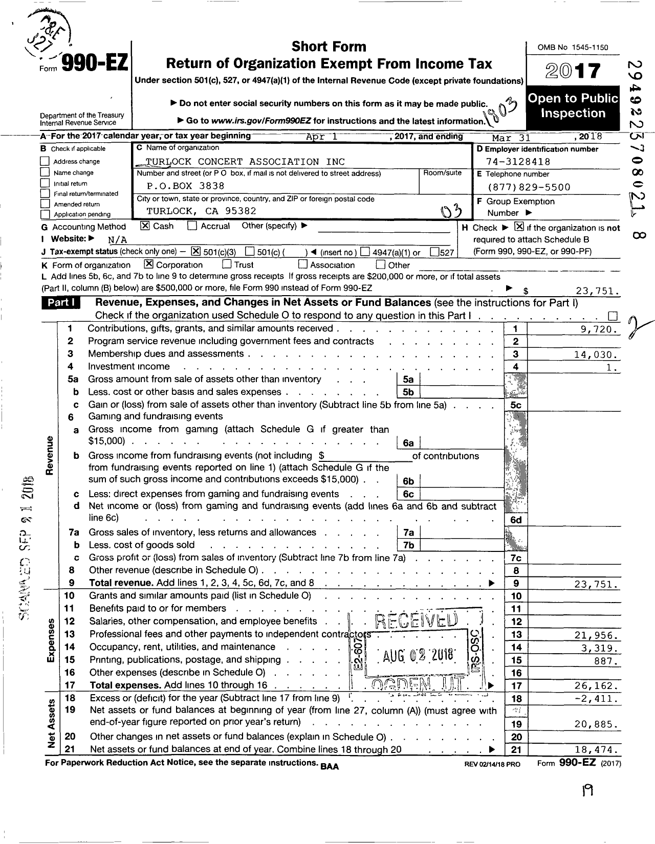 Image of first page of 2017 Form 990EZ for Turlock Concert Association