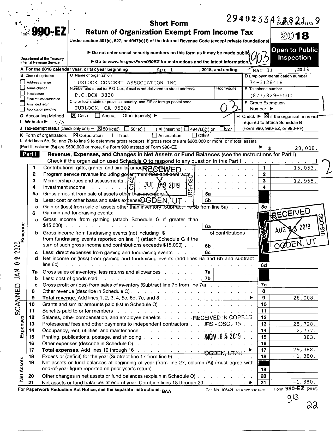 Image of first page of 2018 Form 990EZ for Turlock Concert Association