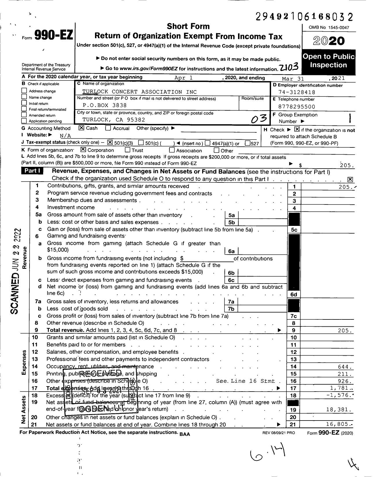 Image of first page of 2020 Form 990EZ for Turlock Concert Association