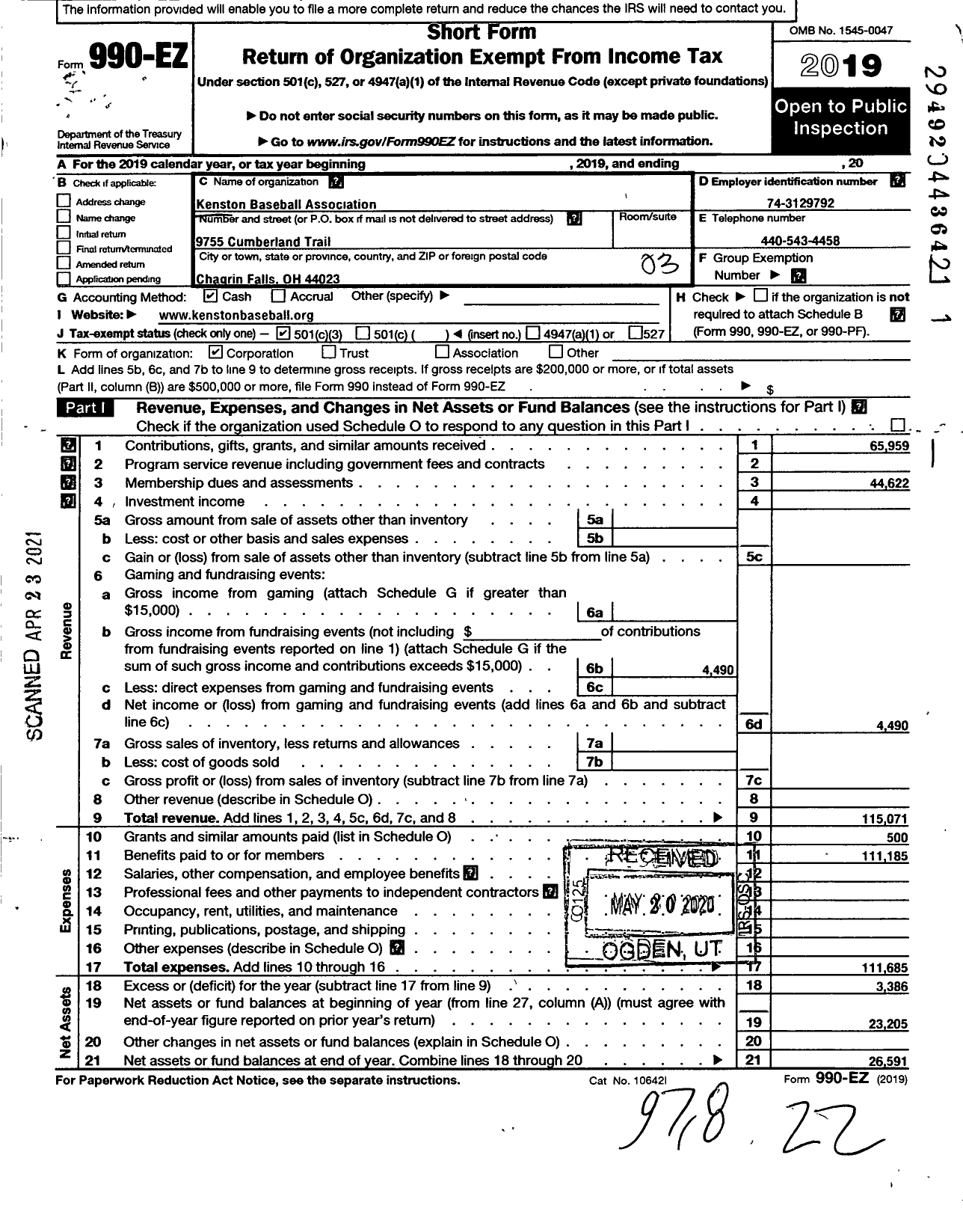 Image of first page of 2019 Form 990EZ for Kenston Baseball Association