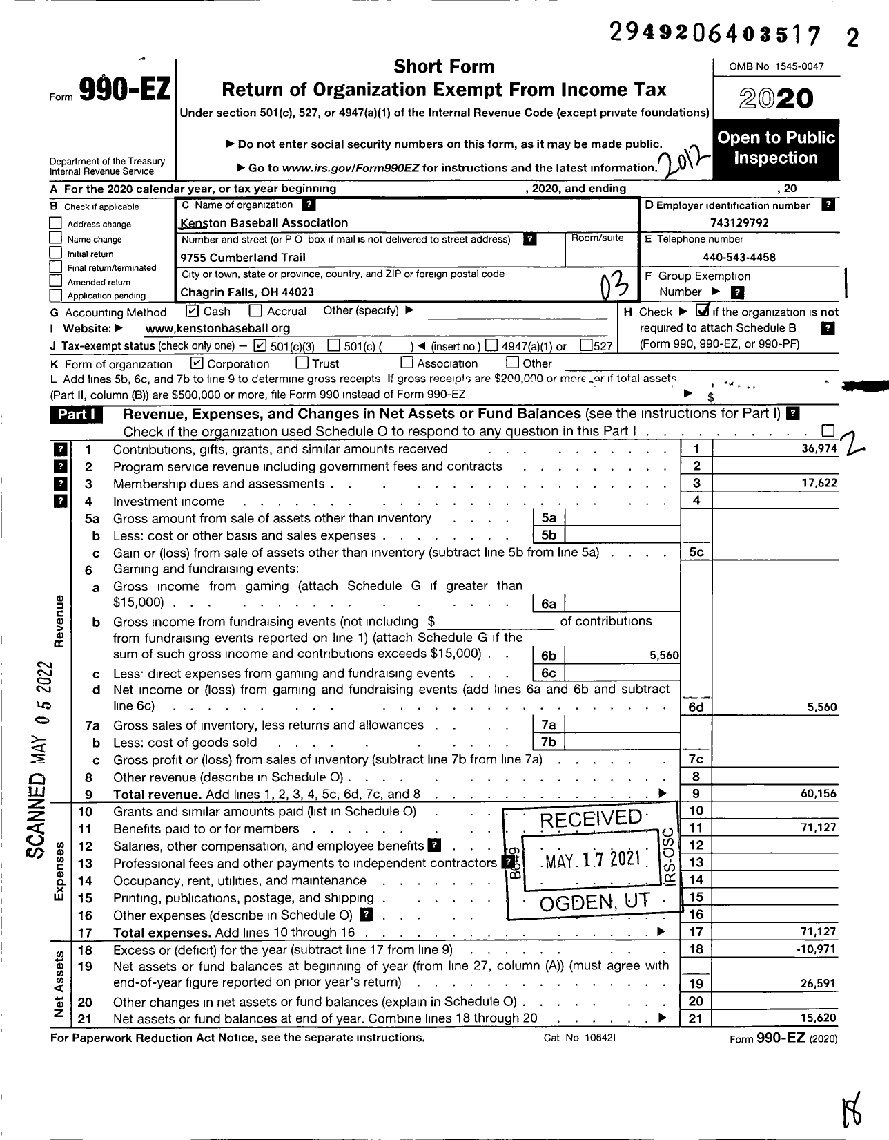 Image of first page of 2020 Form 990EZ for Kenston Baseball Association