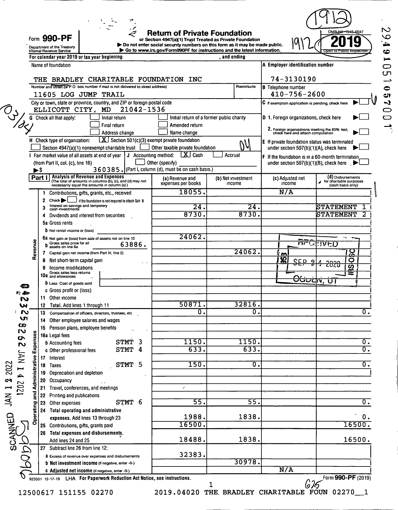 Image of first page of 2019 Form 990PF for The Bradley Charitable Foundation