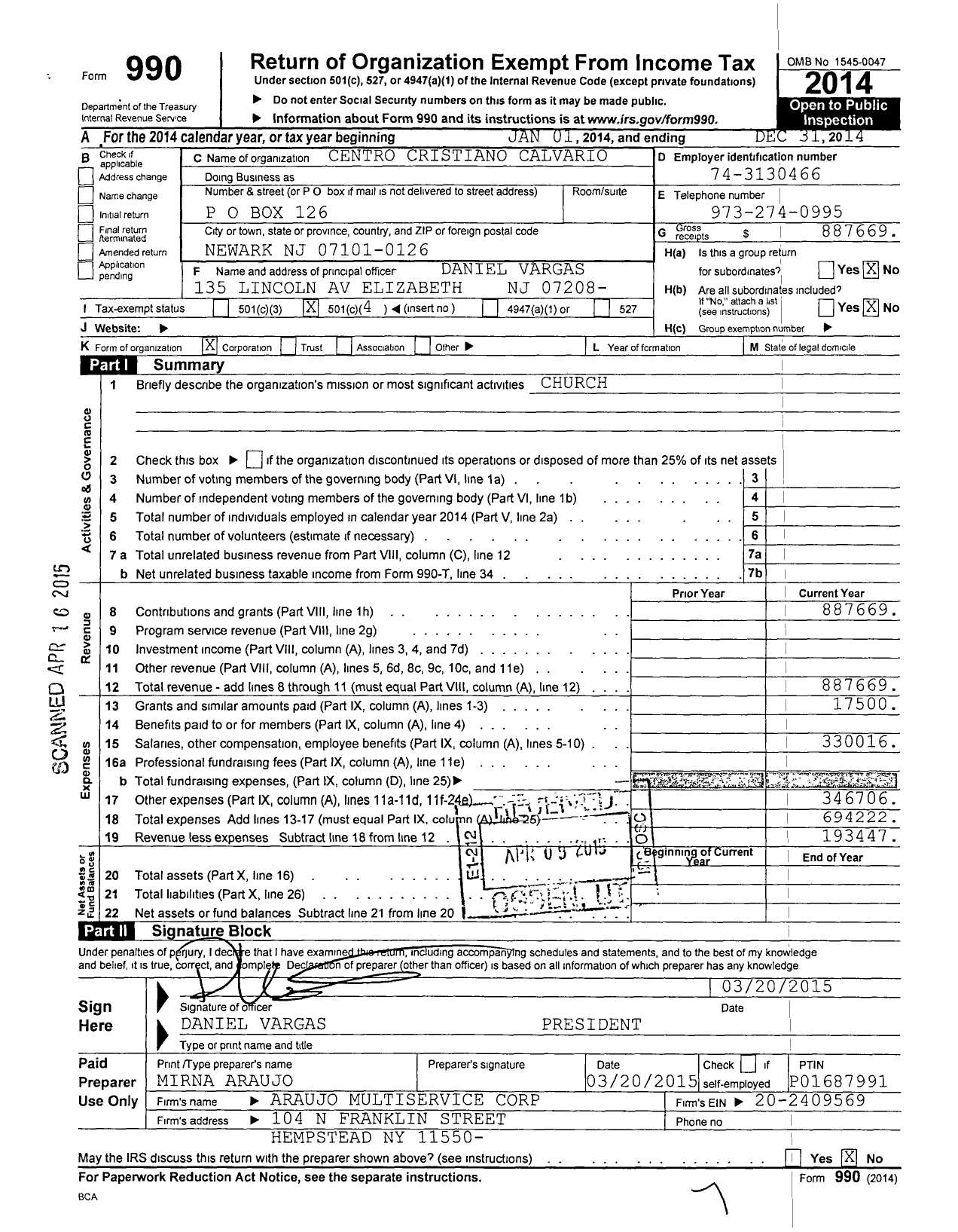 Image of first page of 2014 Form 990O for Centro Cristiano Calvario