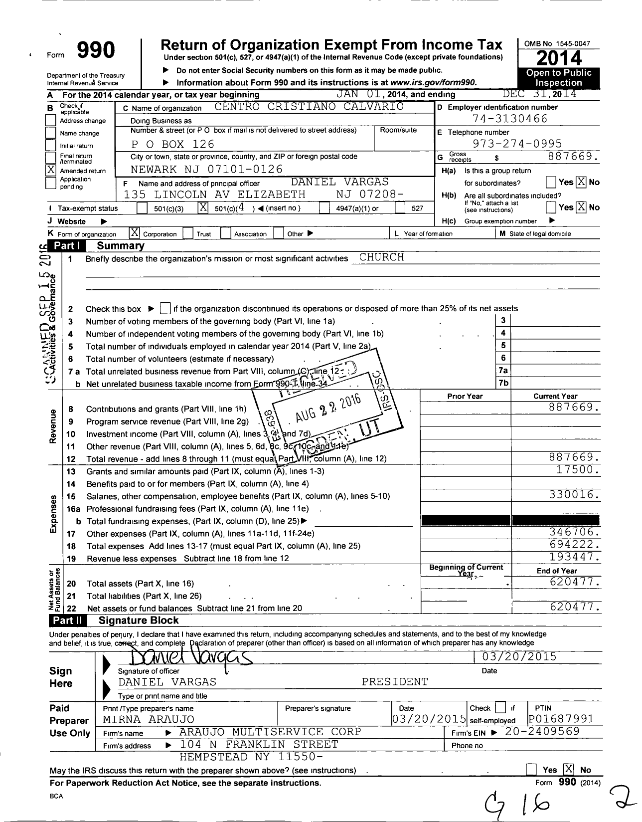 Image of first page of 2014 Form 990O for Centro Cristiano Calvario