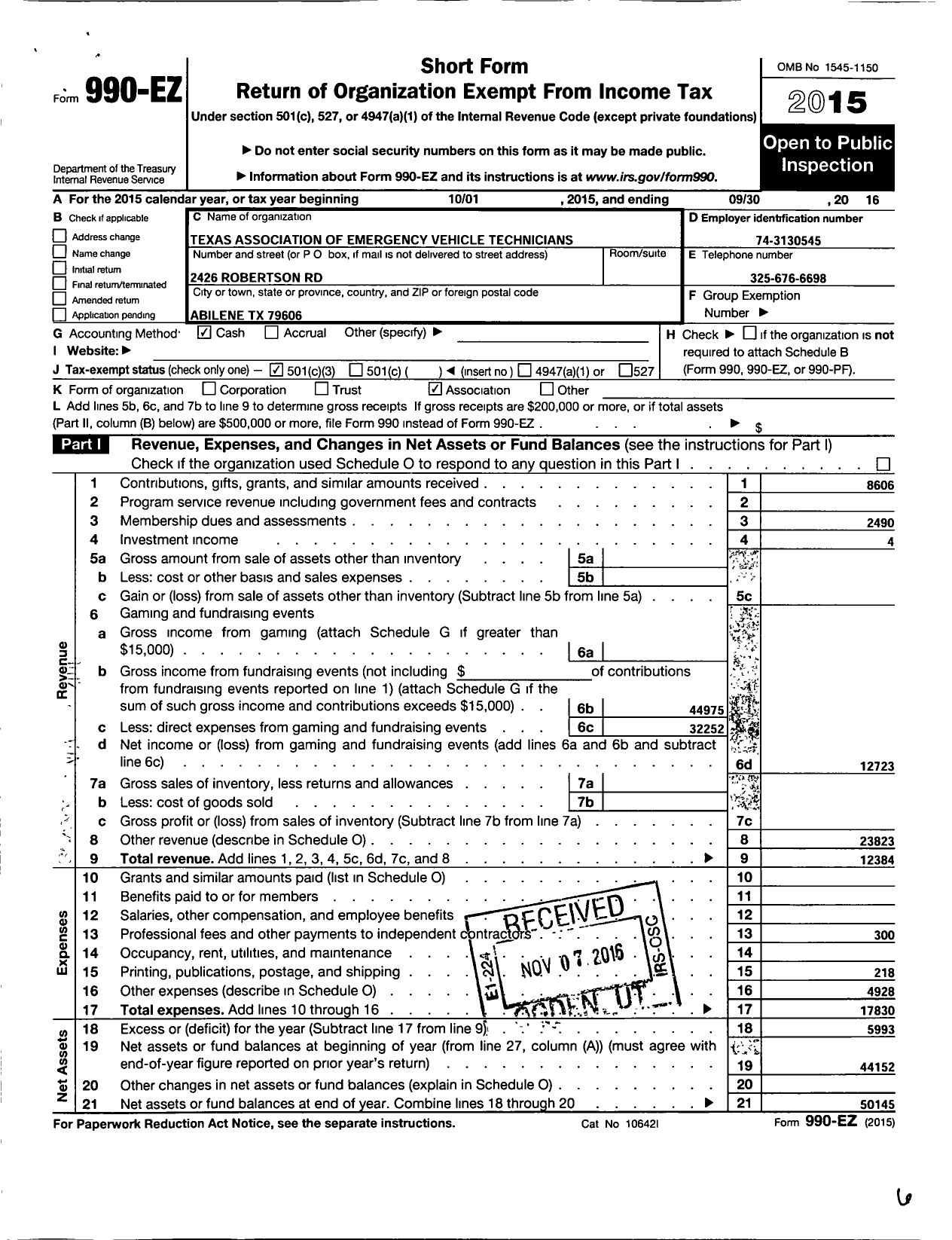 Image of first page of 2015 Form 990EZ for Texas Association of Emergency Technicians