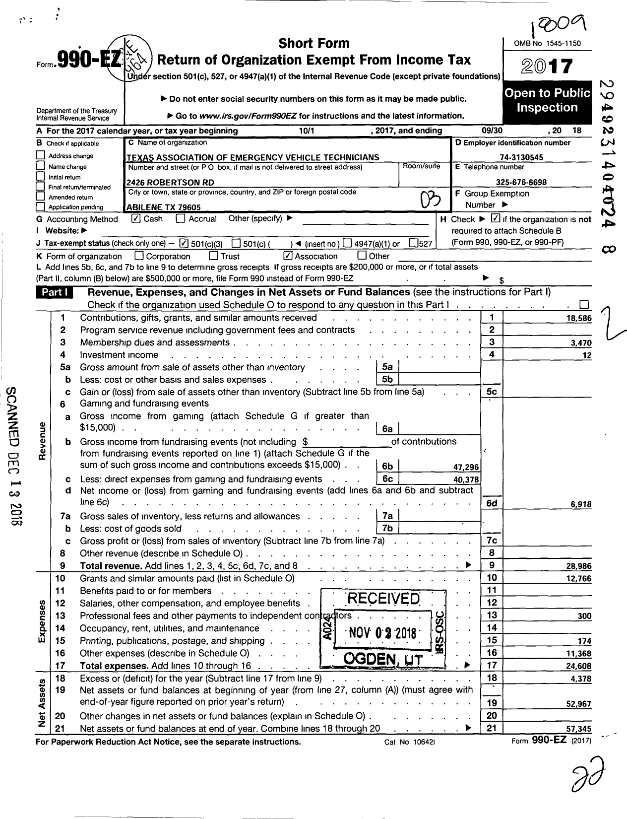 Image of first page of 2017 Form 990EZ for Texas Association of Emergency Technicians