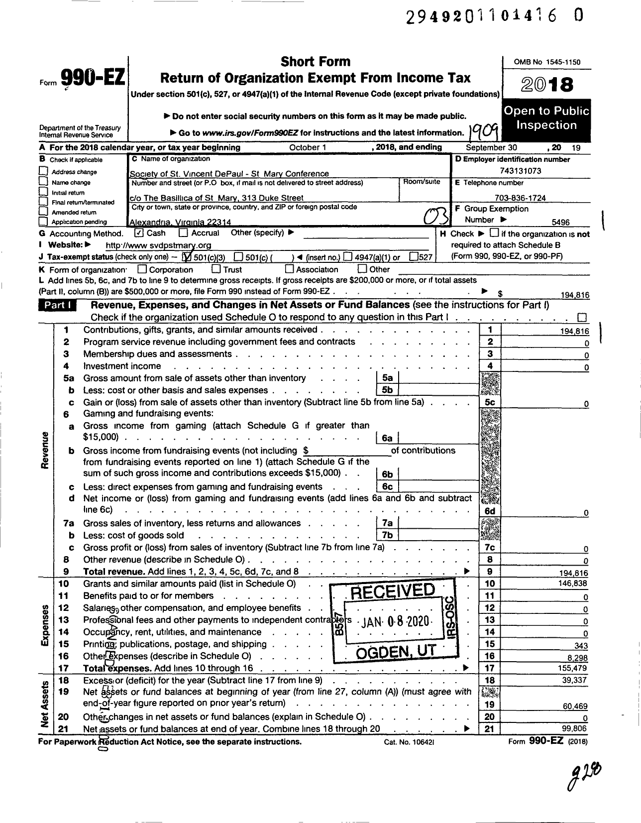 Image of first page of 2018 Form 990EZ for Society of St Vincent de Paul - Basilica of St Mary Conference