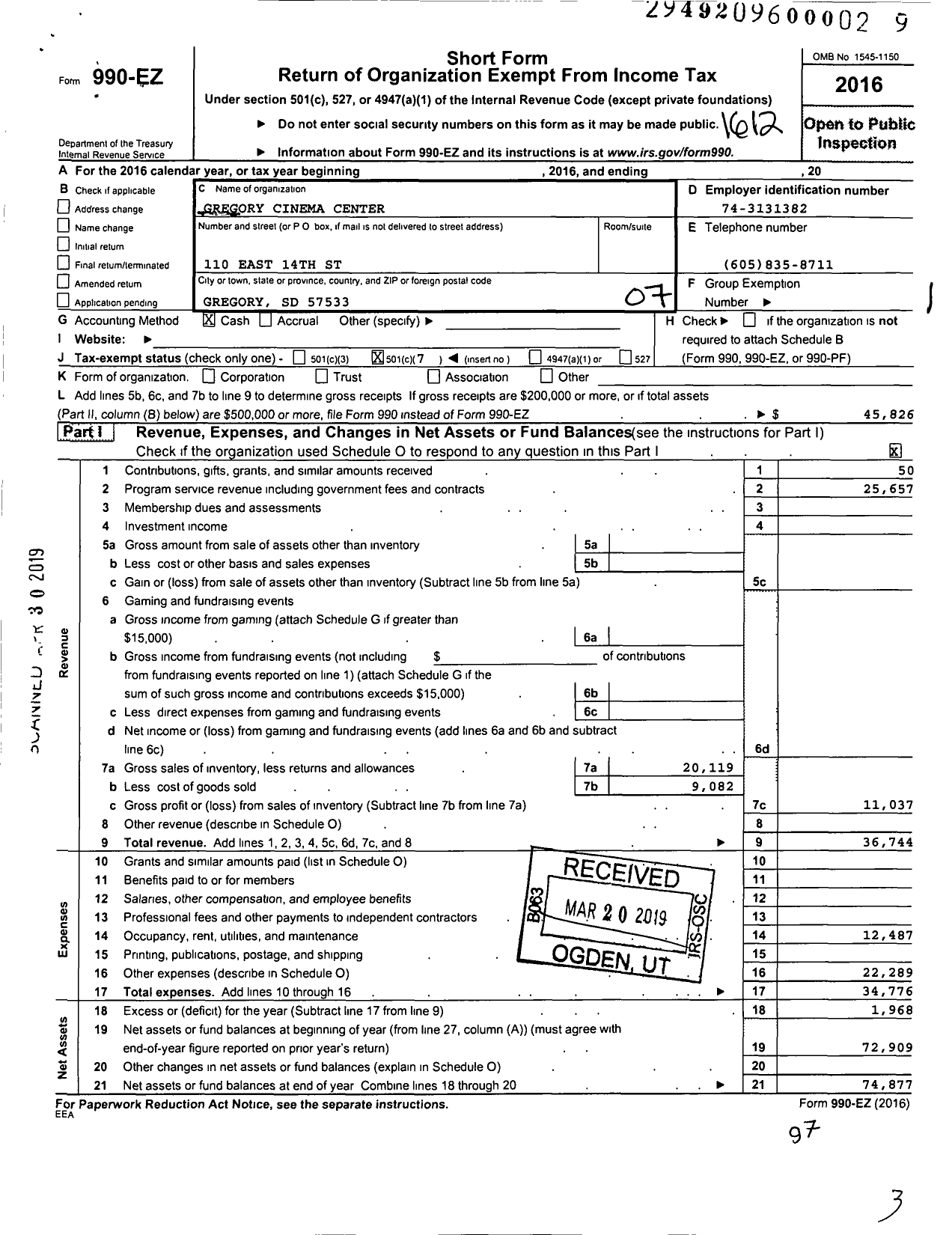 Image of first page of 2016 Form 990EO for Gregory Cinema Center