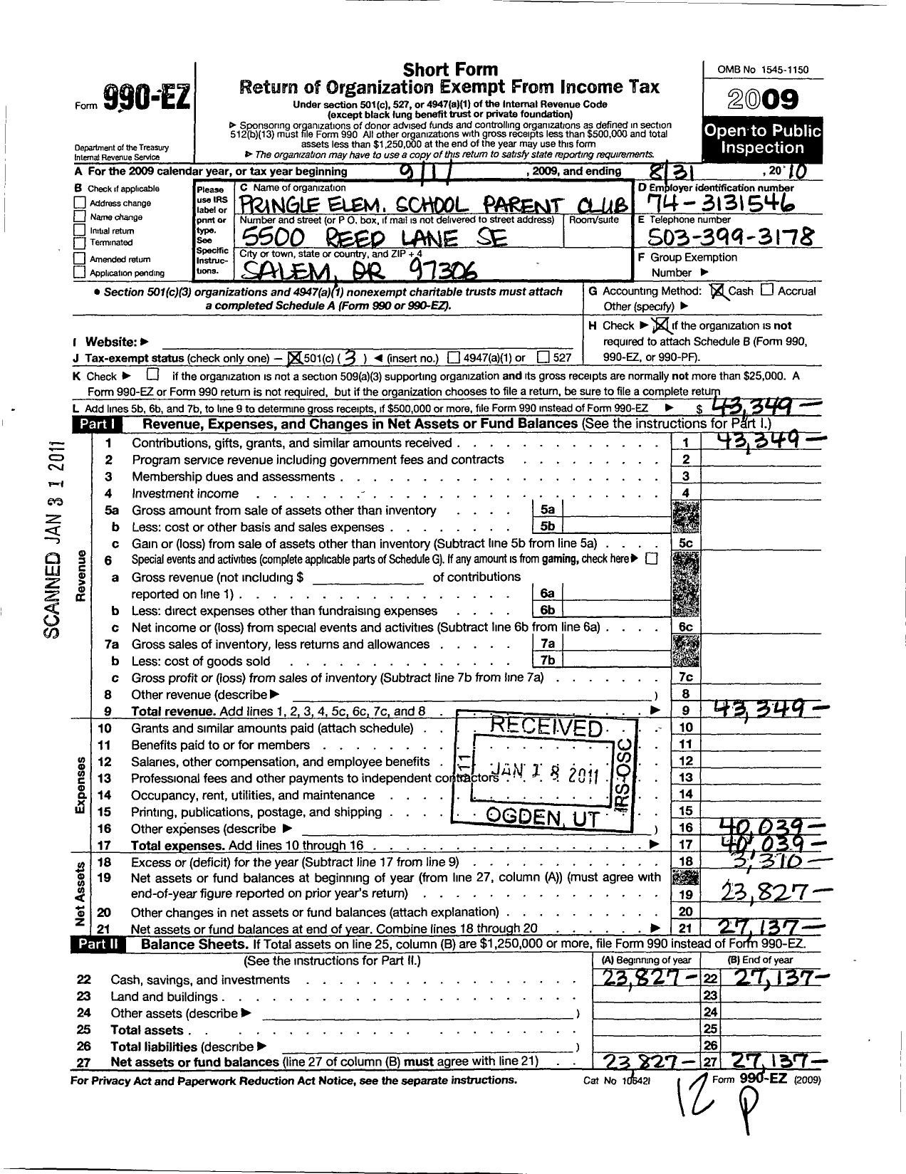 Image of first page of 2009 Form 990EZ for Pringle Elementary School Parent Club