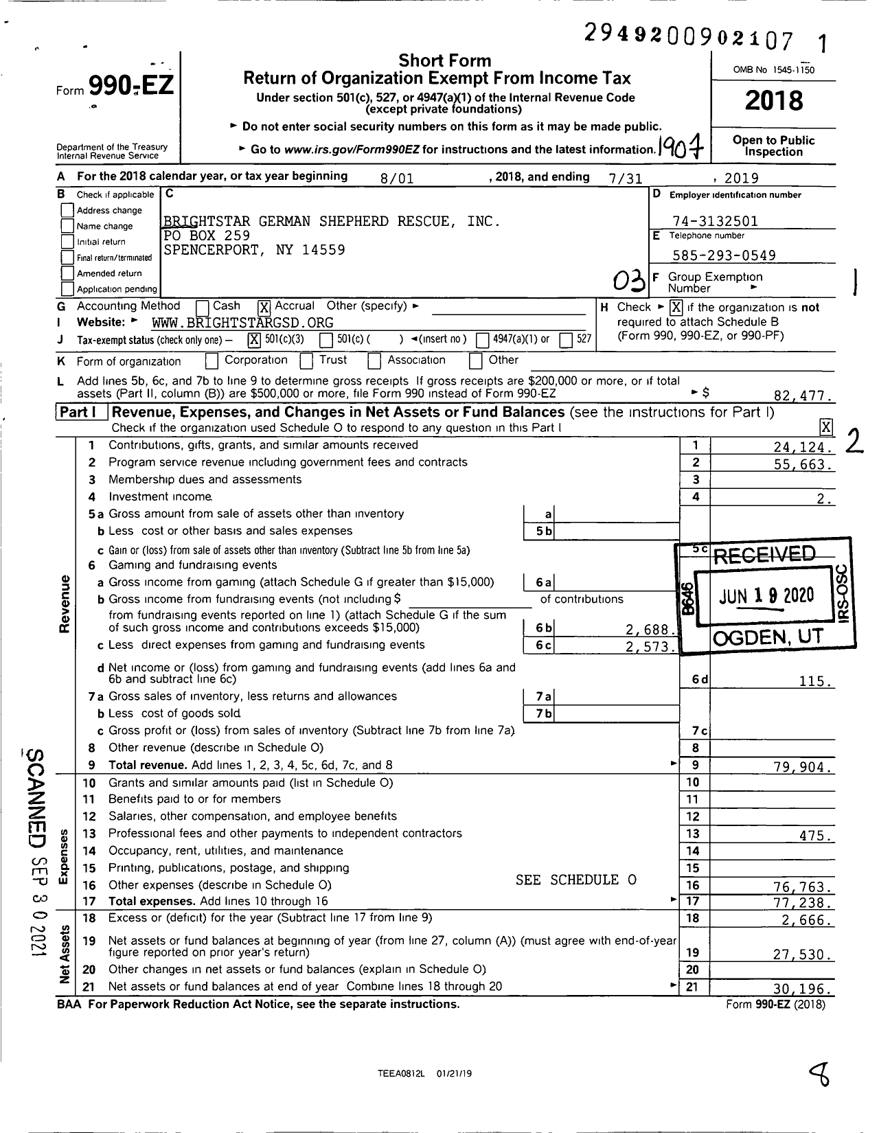 Image of first page of 2018 Form 990EZ for Brightstar German Shepherd Rescue