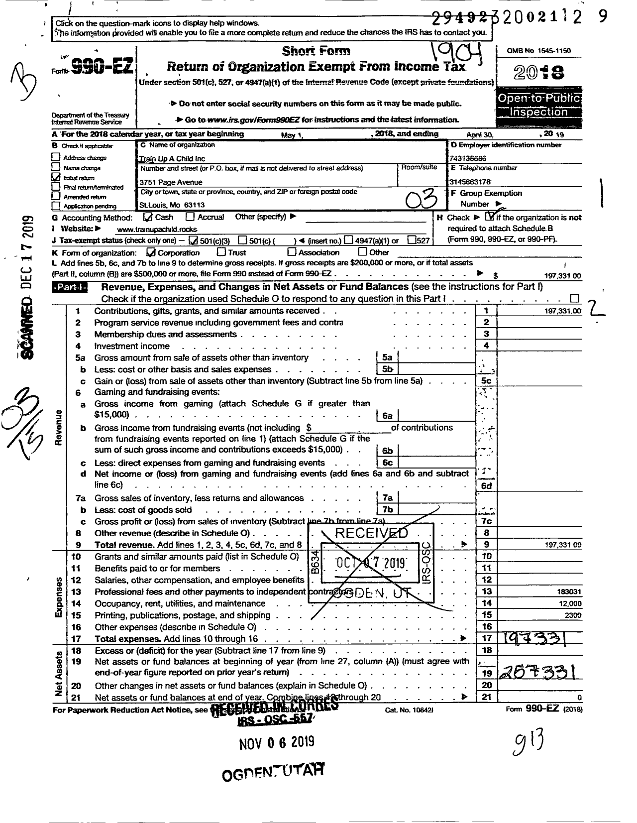 Image of first page of 2018 Form 990EZ for Train Up A Child