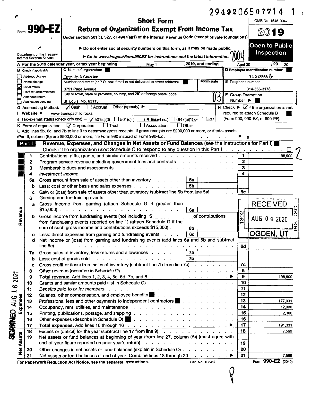 Image of first page of 2019 Form 990EZ for Train Up A Child