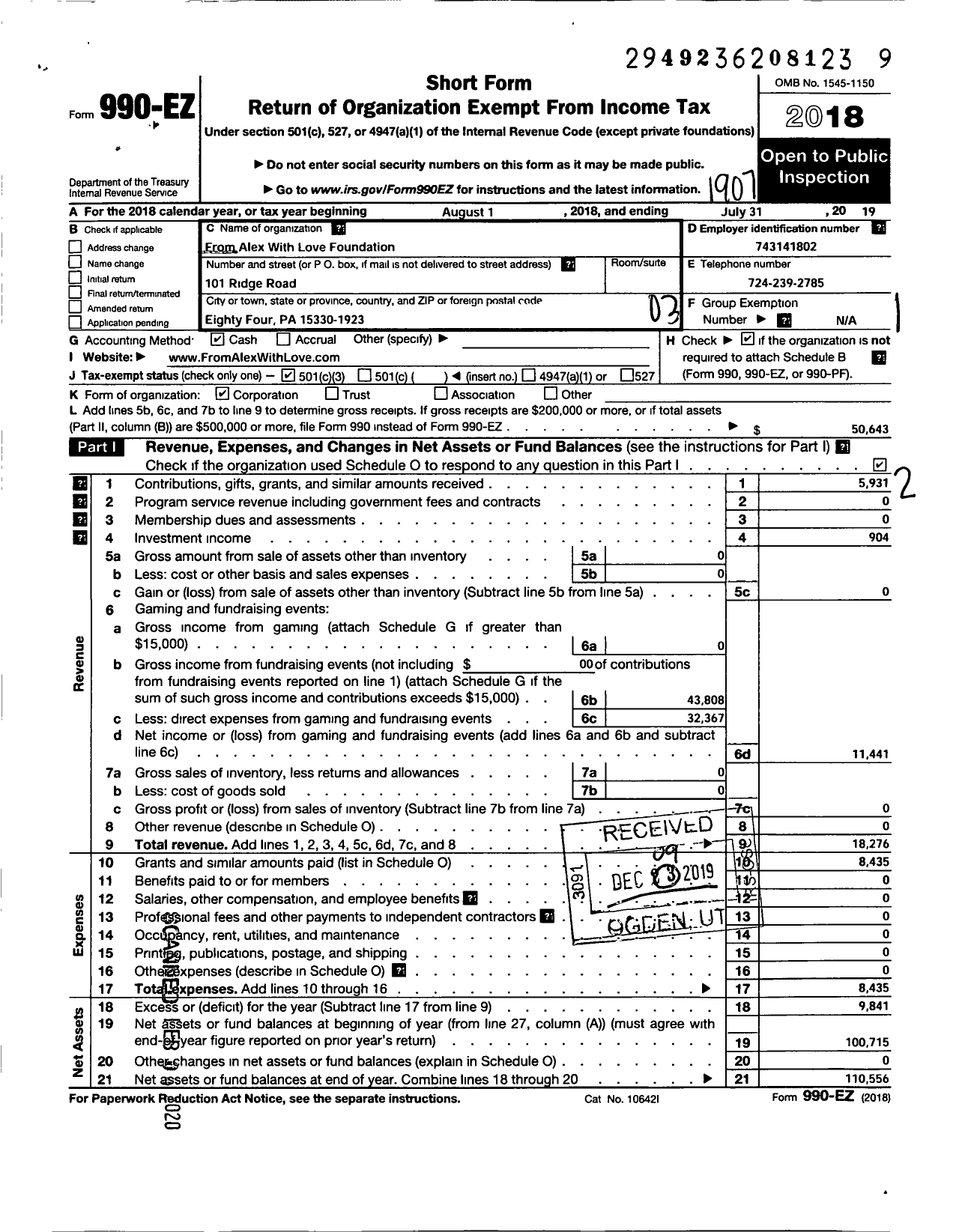 Image of first page of 2018 Form 990EZ for From Alex With Love Foundation