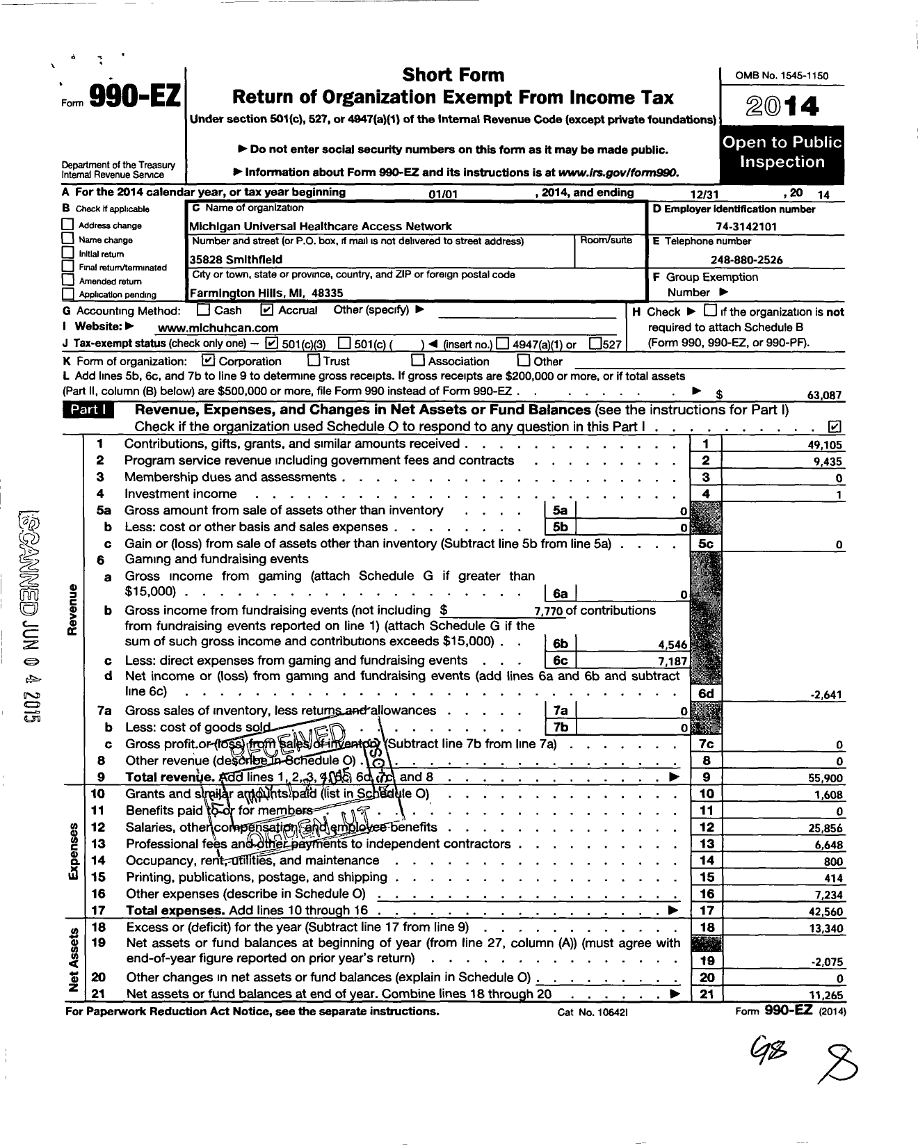 Image of first page of 2014 Form 990EZ for Michigan Universal Health Care Access Network