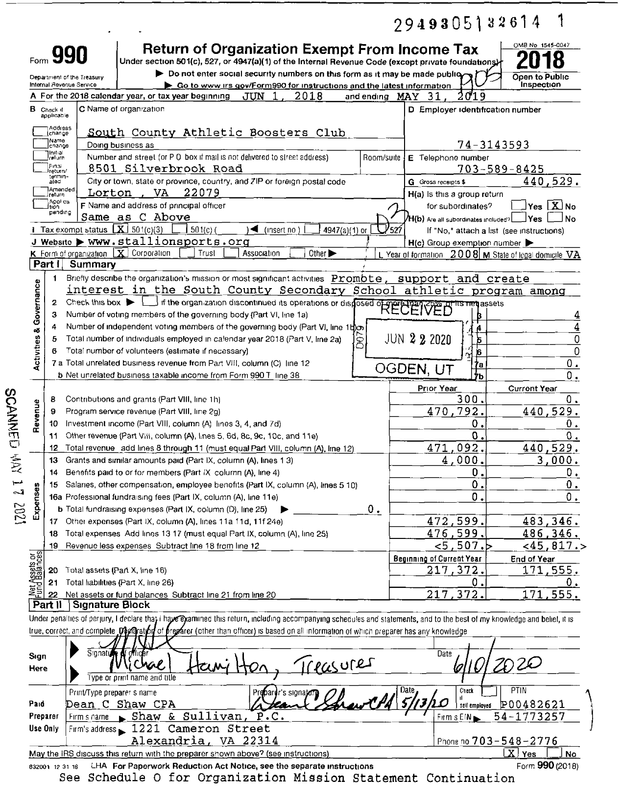 Image of first page of 2018 Form 990 for South County Athletic Boosters Club