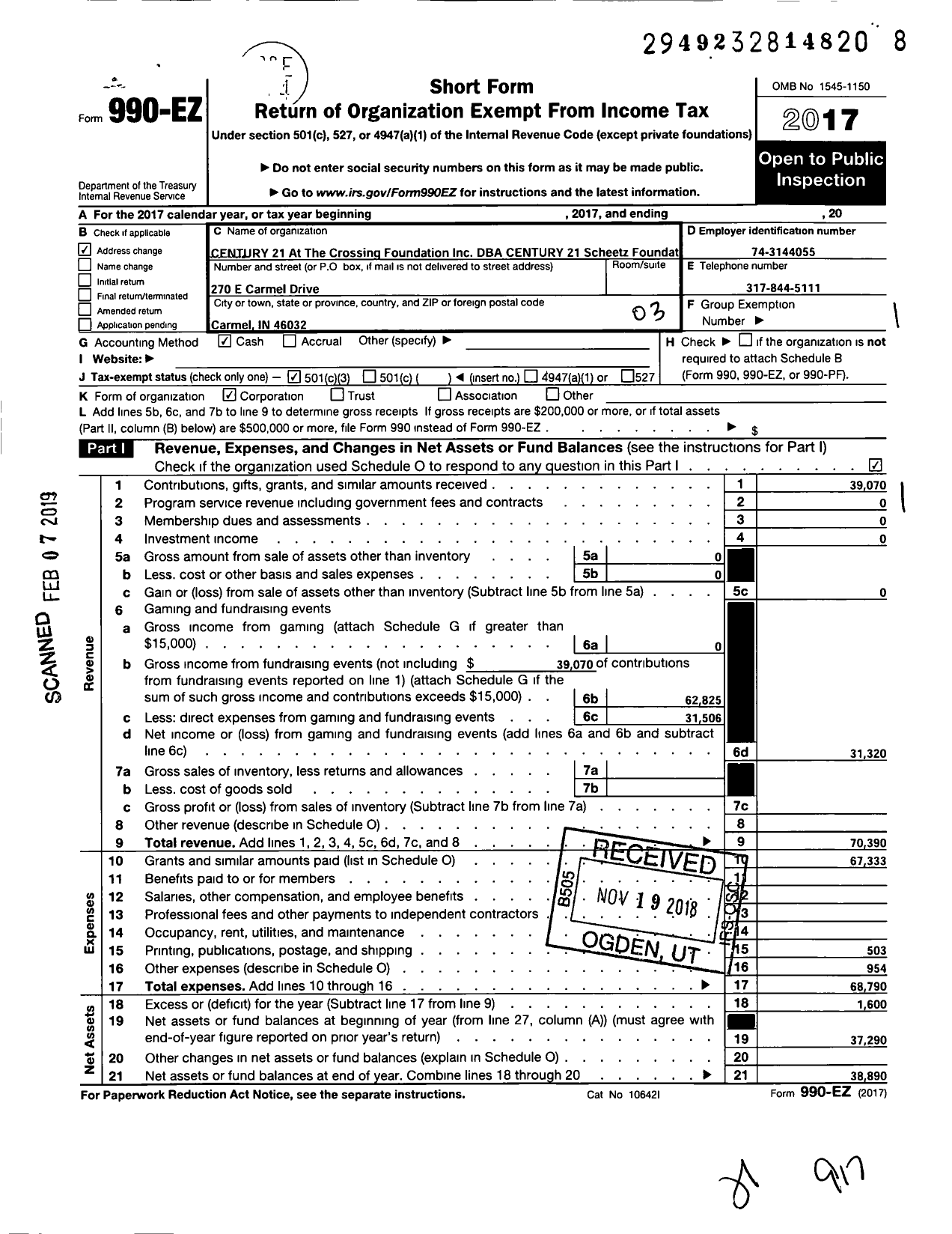 Image of first page of 2017 Form 990EZ for Century 21 Scheetz Charitable Foundation